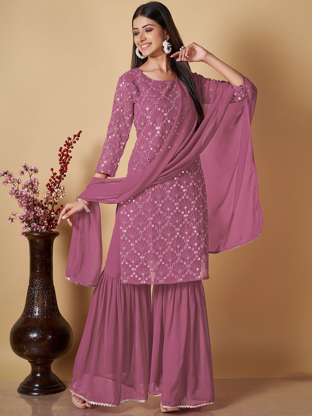 

BERISTON Embroidered Mirror Work Regular Kurta With Sharara & With Dupatta, Pink