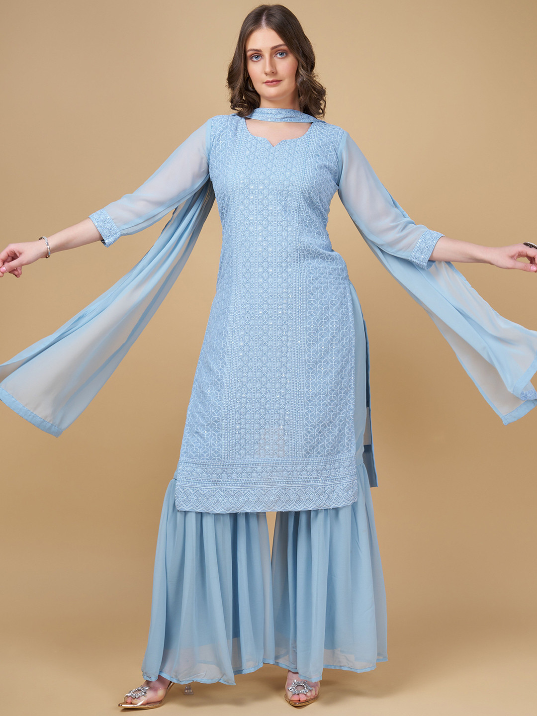 

BERISTON Embroidered Regular Kurta With Sharara & Dupatta, Blue