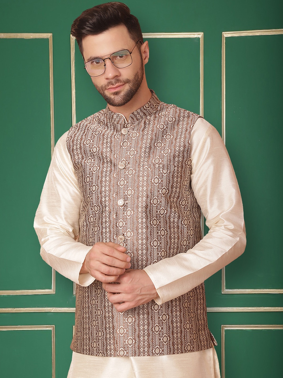 

Jompers Ethnic Motifs Woven Design Silk Cotton Nehru Jacket, Brown