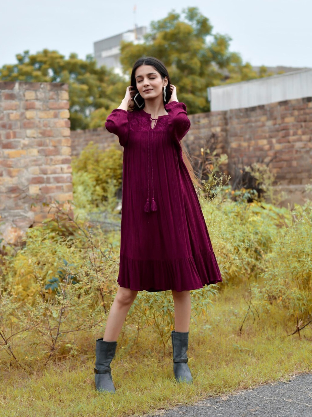 

Nyaro Tie-Up Neck A-Line Dress, Maroon