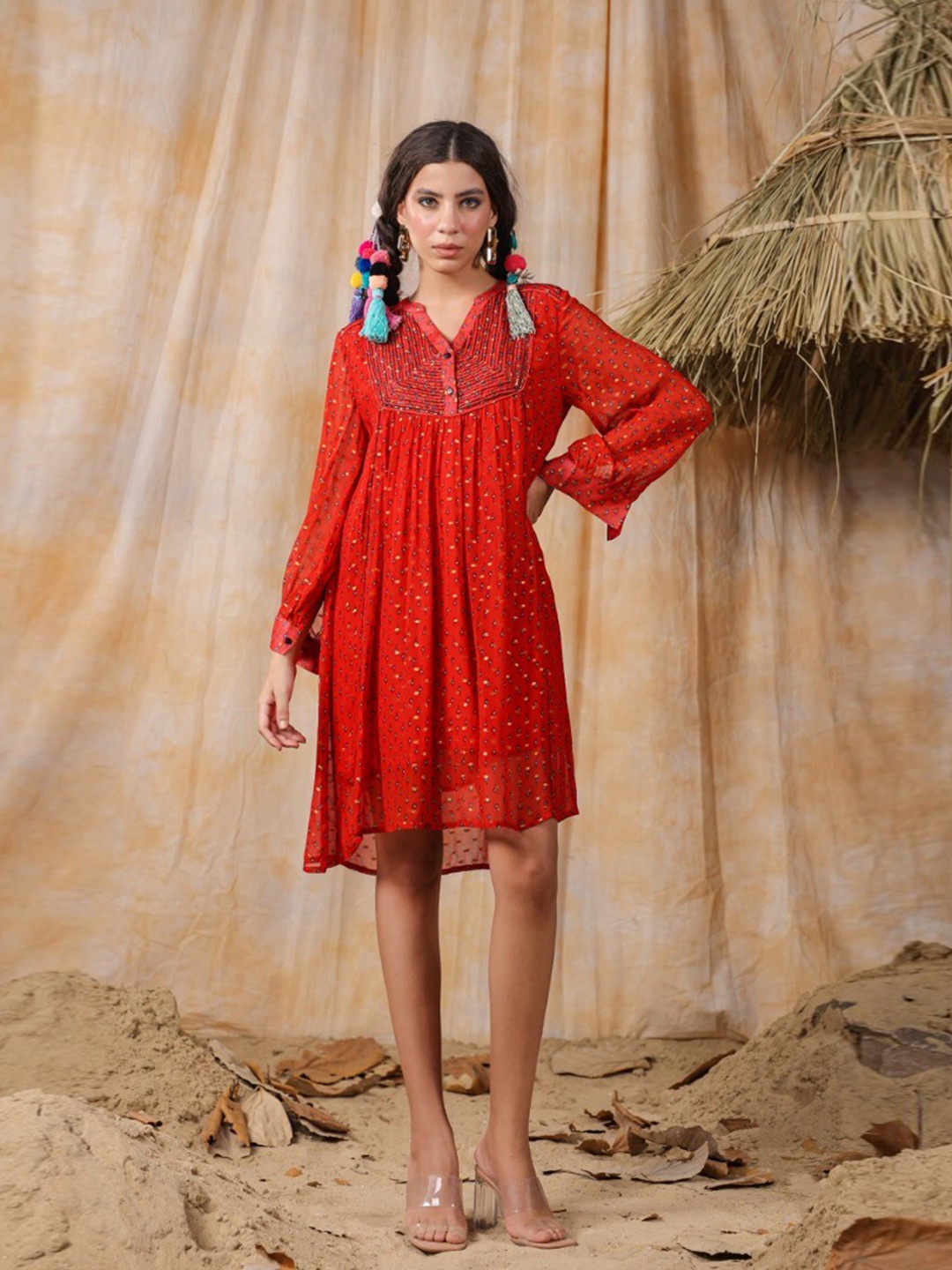 

Nyaro Mandarin Collar A-Line Dress, Red