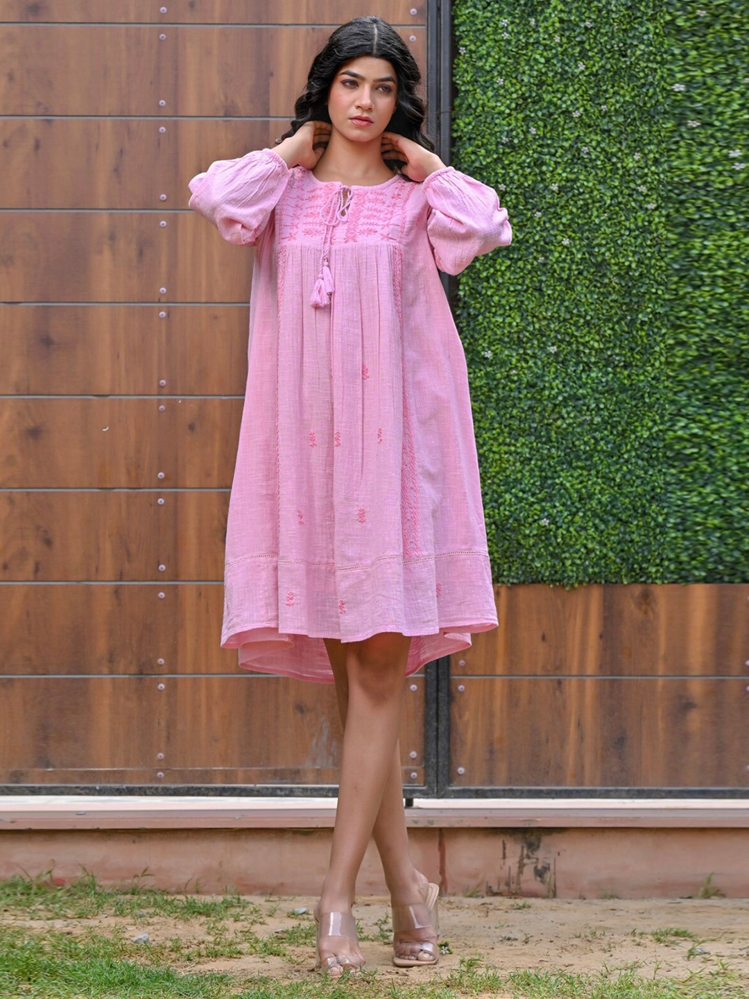 

Nyaro Floral Embroidered Tie-Up Neck Cotton A-Line Dress, Pink