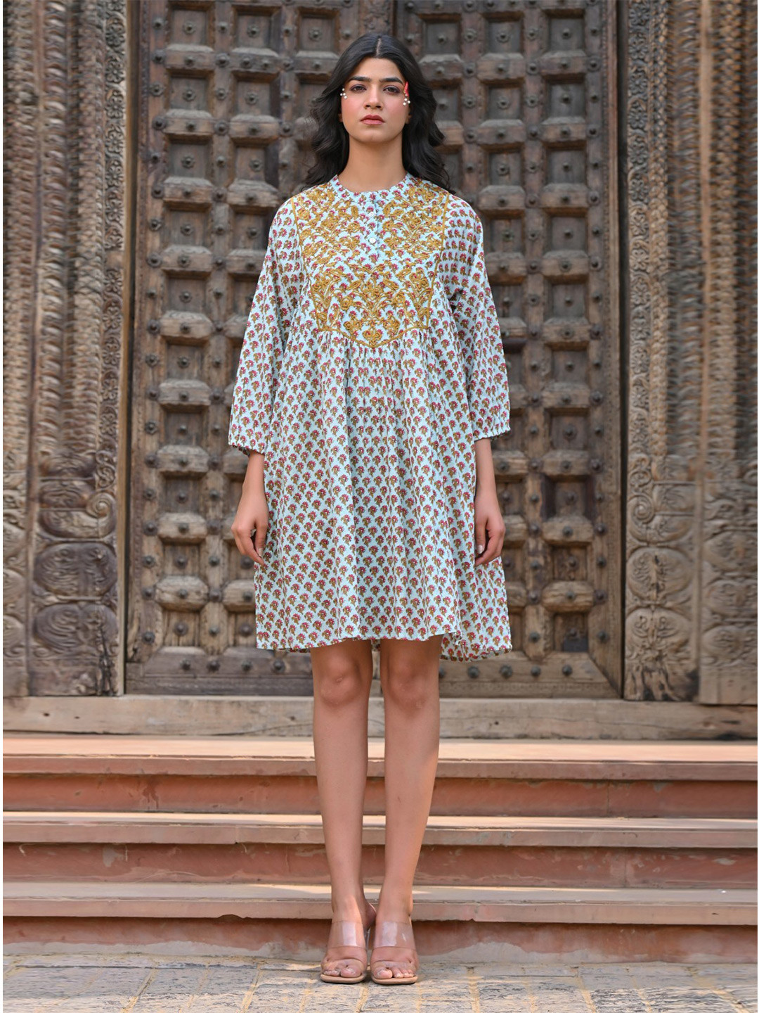 

Nyaro Ethnic Motifs Print Cotton A-Line Dress, Mustard