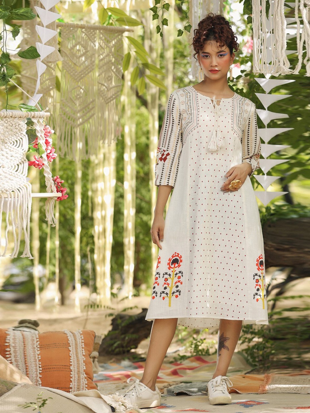 

Nyaro Floral Print Cotton A-Line Dress, White