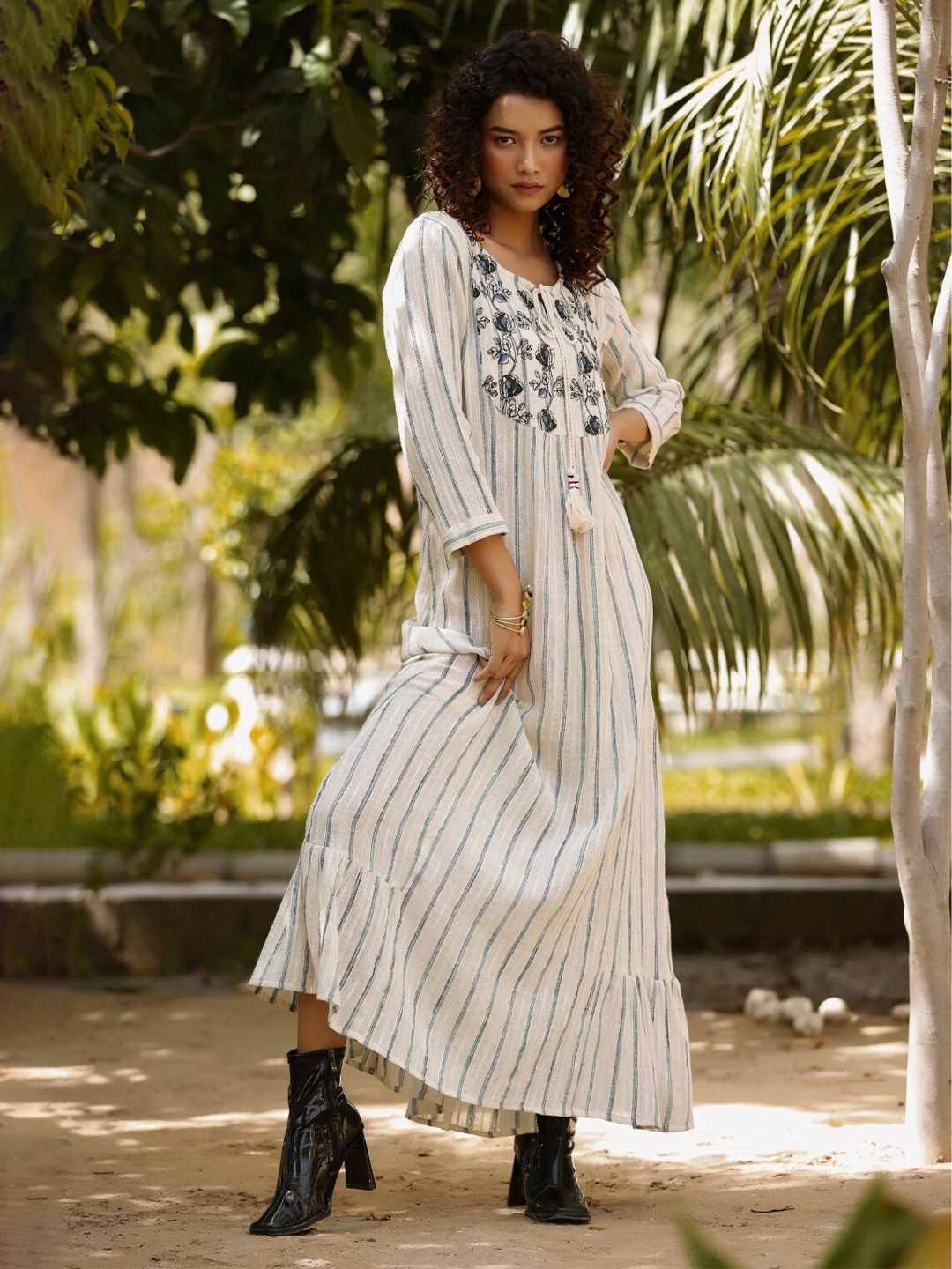 

Nyaro Striped Tie-Up Neck Embroidered Cotton A-Line Maxi Dress, Off white
