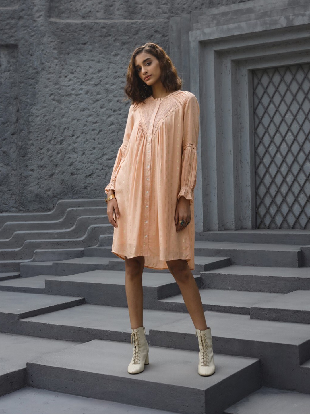 

Nyaro Flutter Sleeve A-Line Dress, Peach