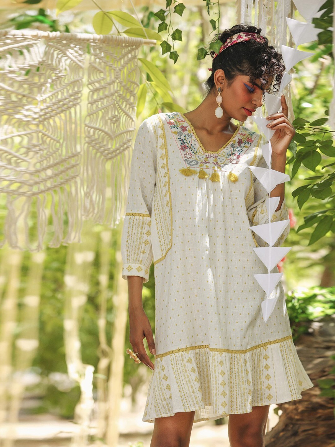 

Nyaro Embroidered Cotton Drop-Waist Dress, Mustard