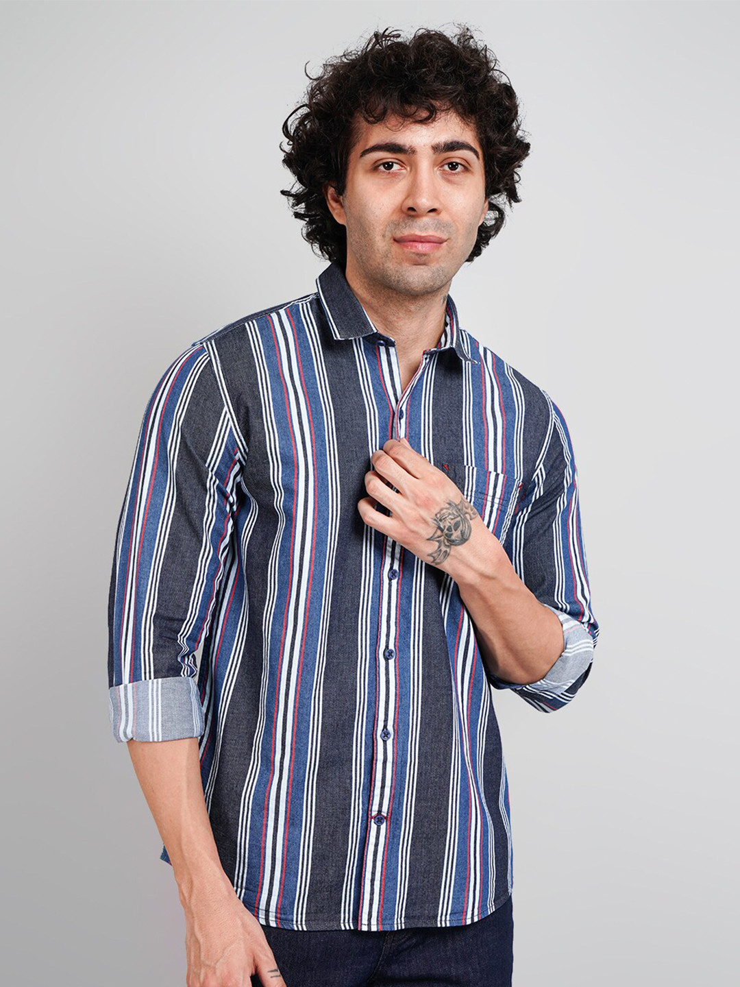 

TIM PARIS Vertical Stripes Opaque Cotton Casual Shirt, Red