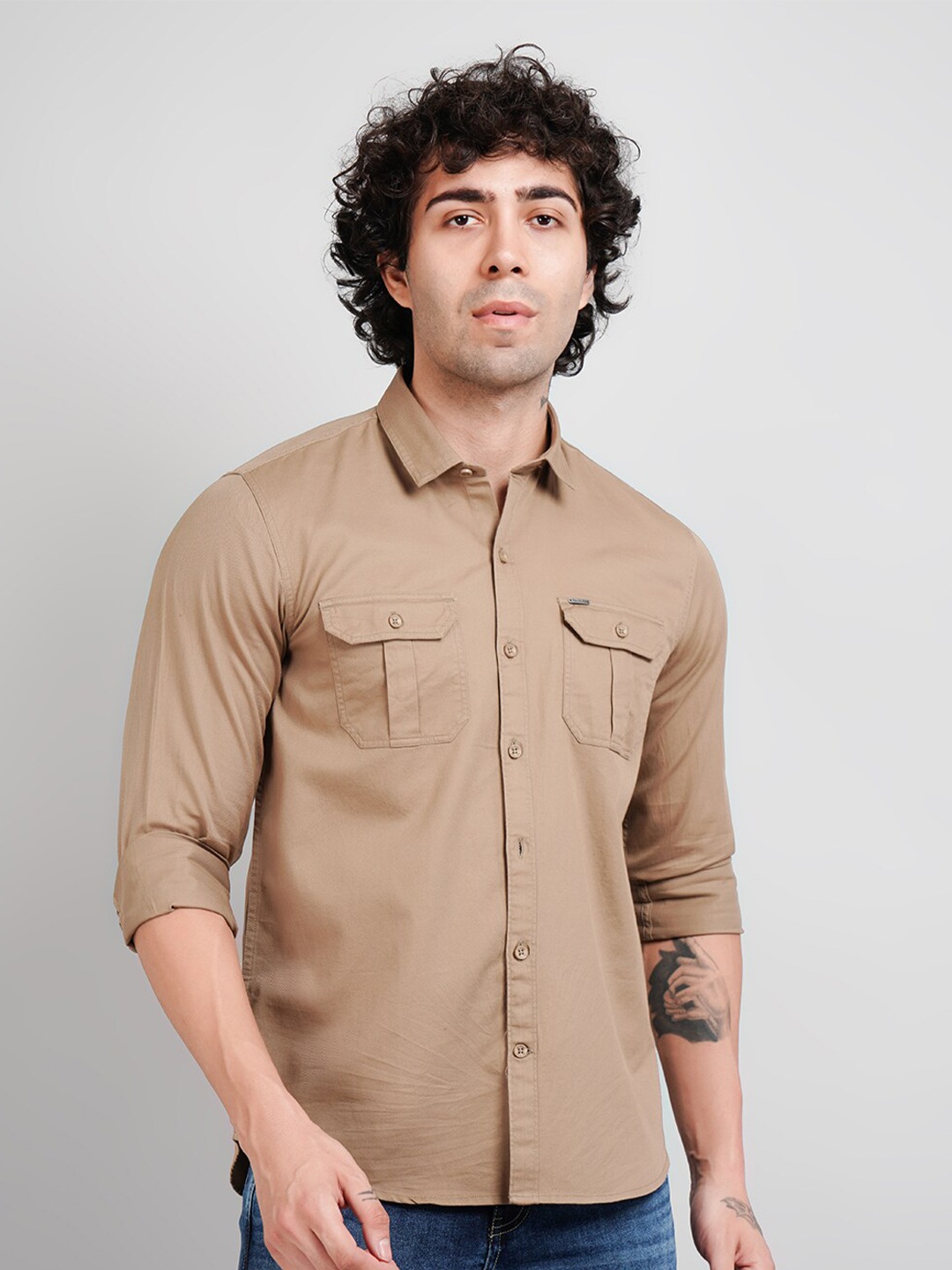 

TIM PARIS Opaque Cotton Casual Shirt, Khaki