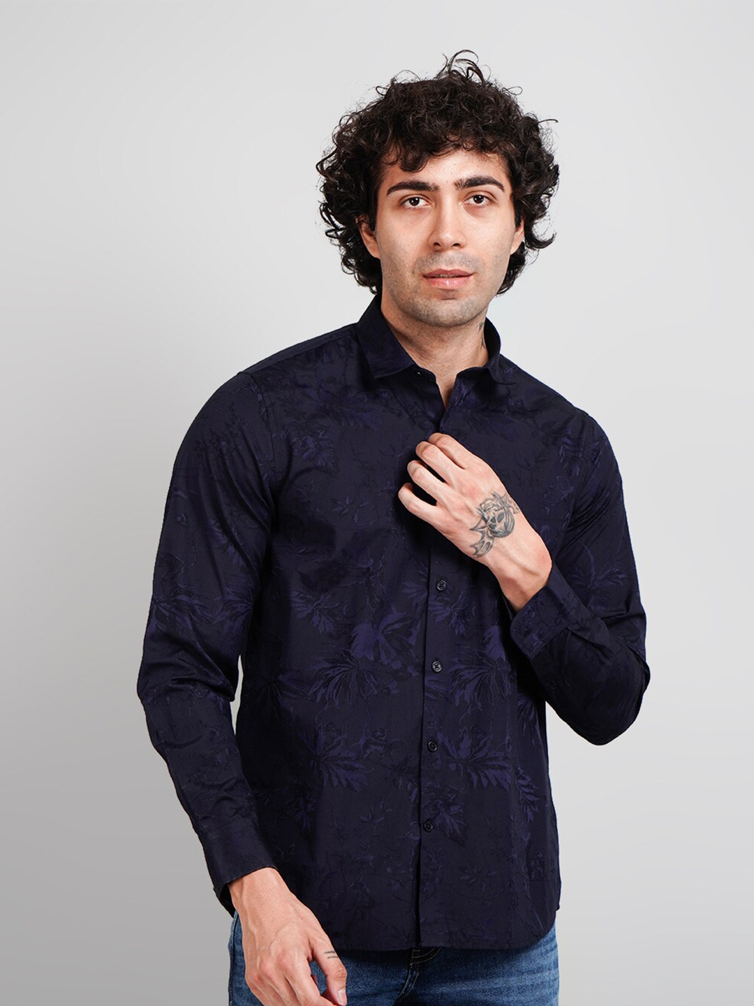 

TIM PARIS Floral Printed Opaque Cotton Casual Shirt, Navy blue