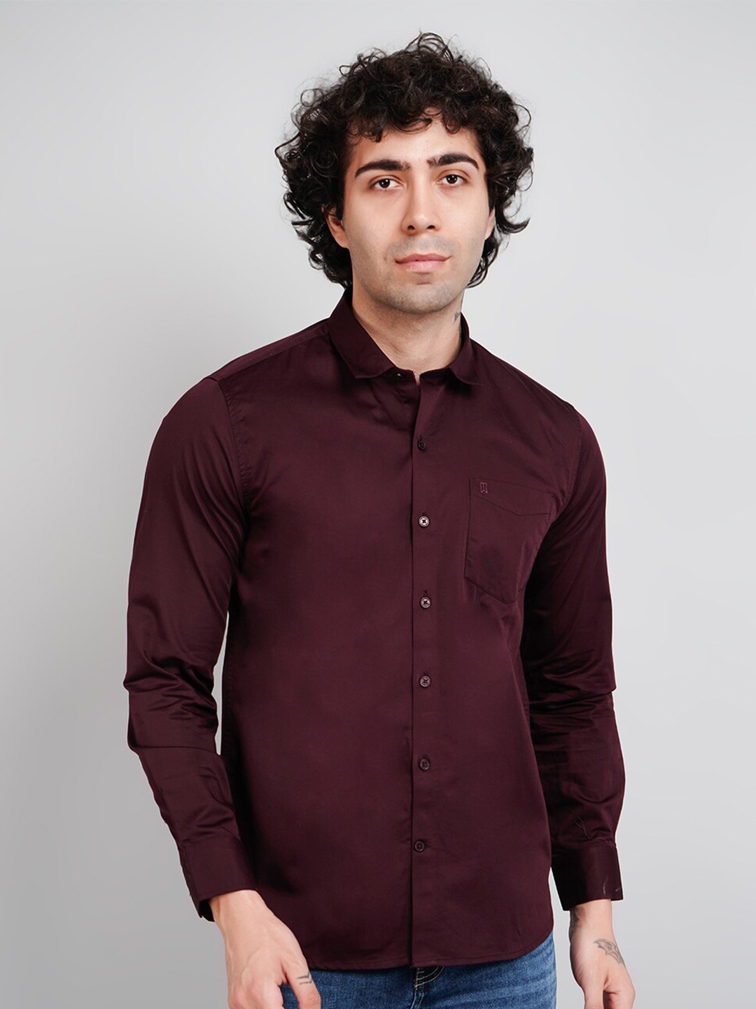 

TIM PARIS Spread Collar Cotton Casual Shirt, Maroon