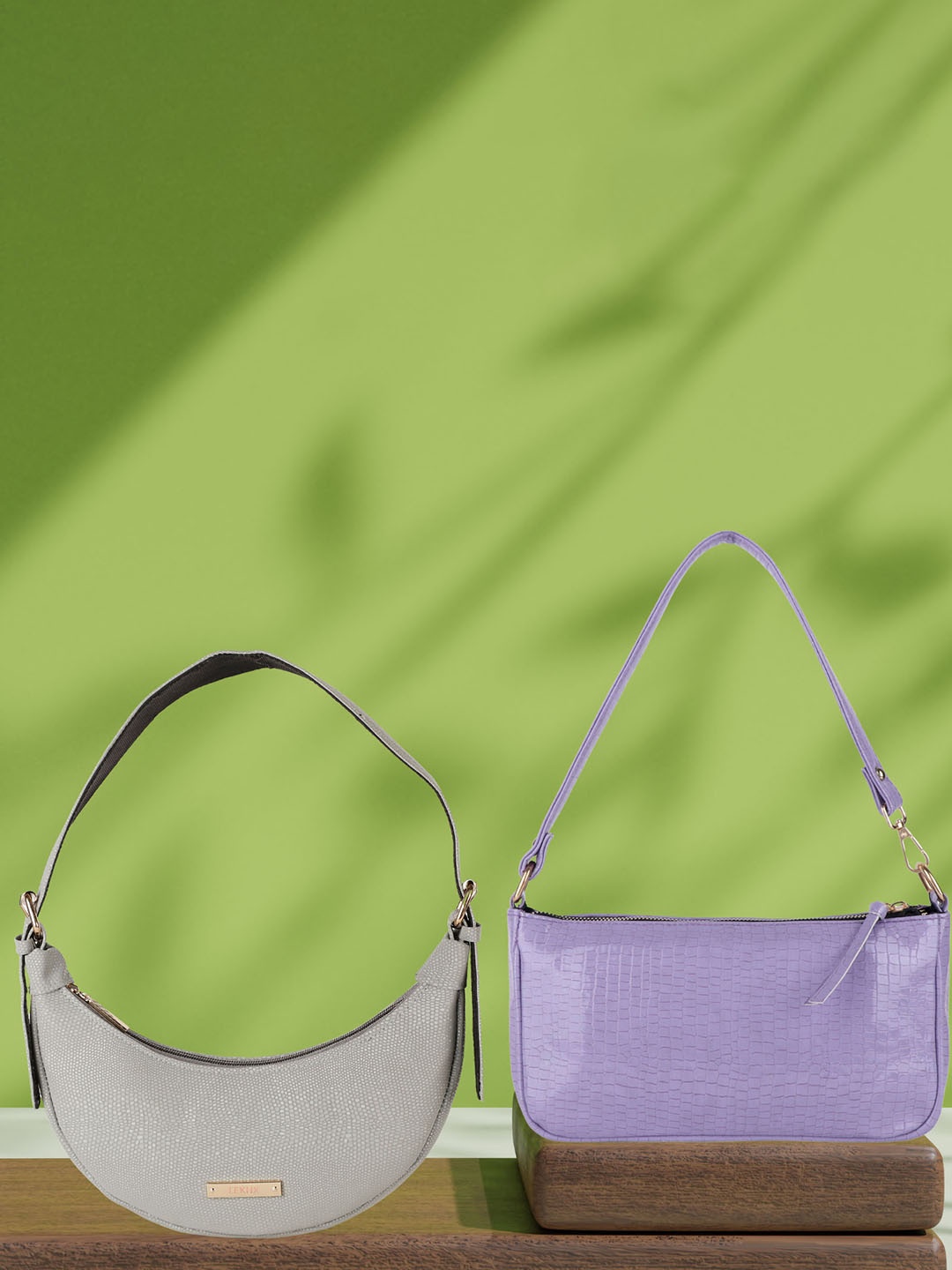 

LEKHX Set of 2 Textured Vegan Leather Half Moon Hobo Bags, Lavender