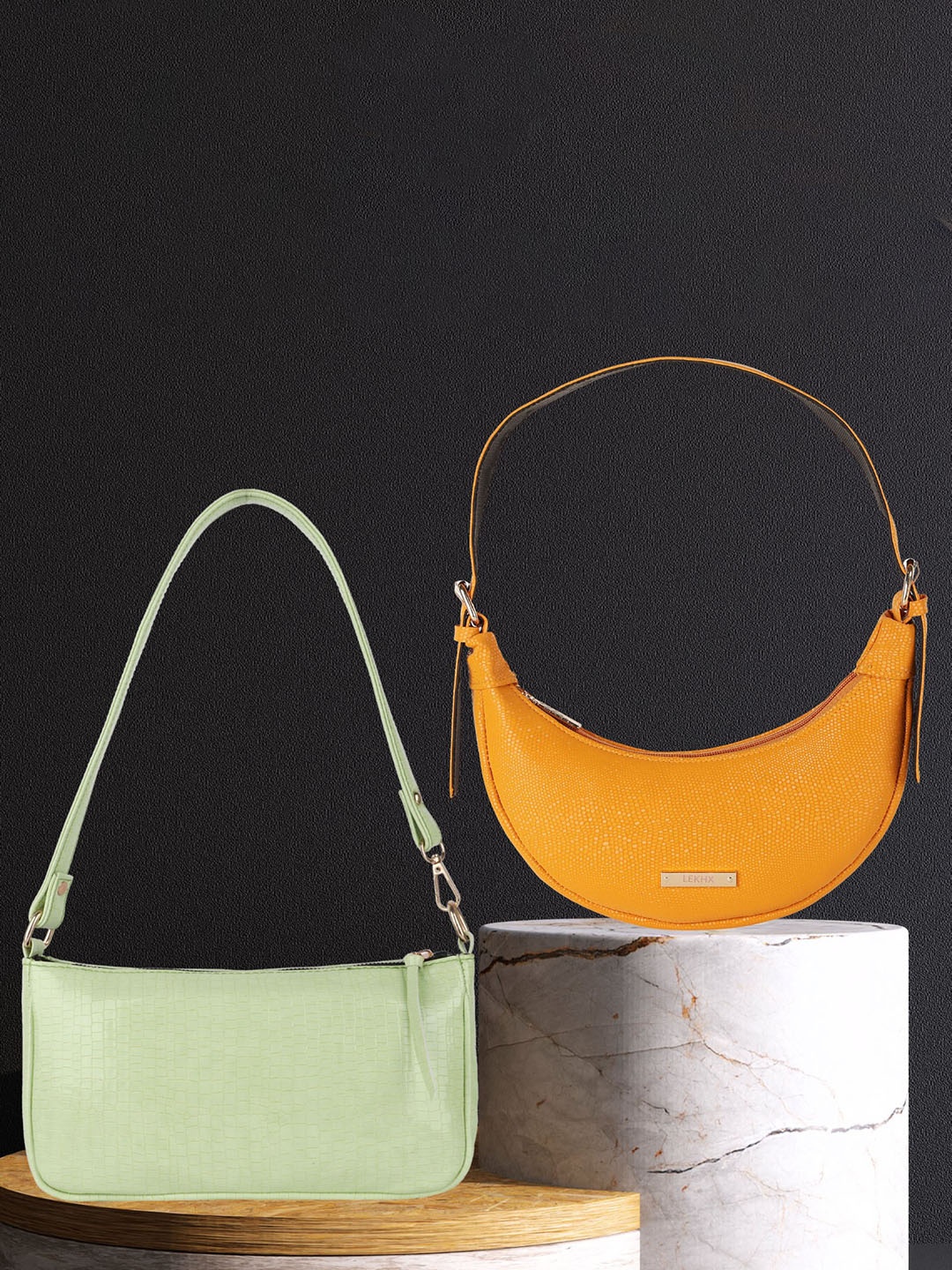 LEKHX Set Of 2 PU Shopper Handheld Bag, Green