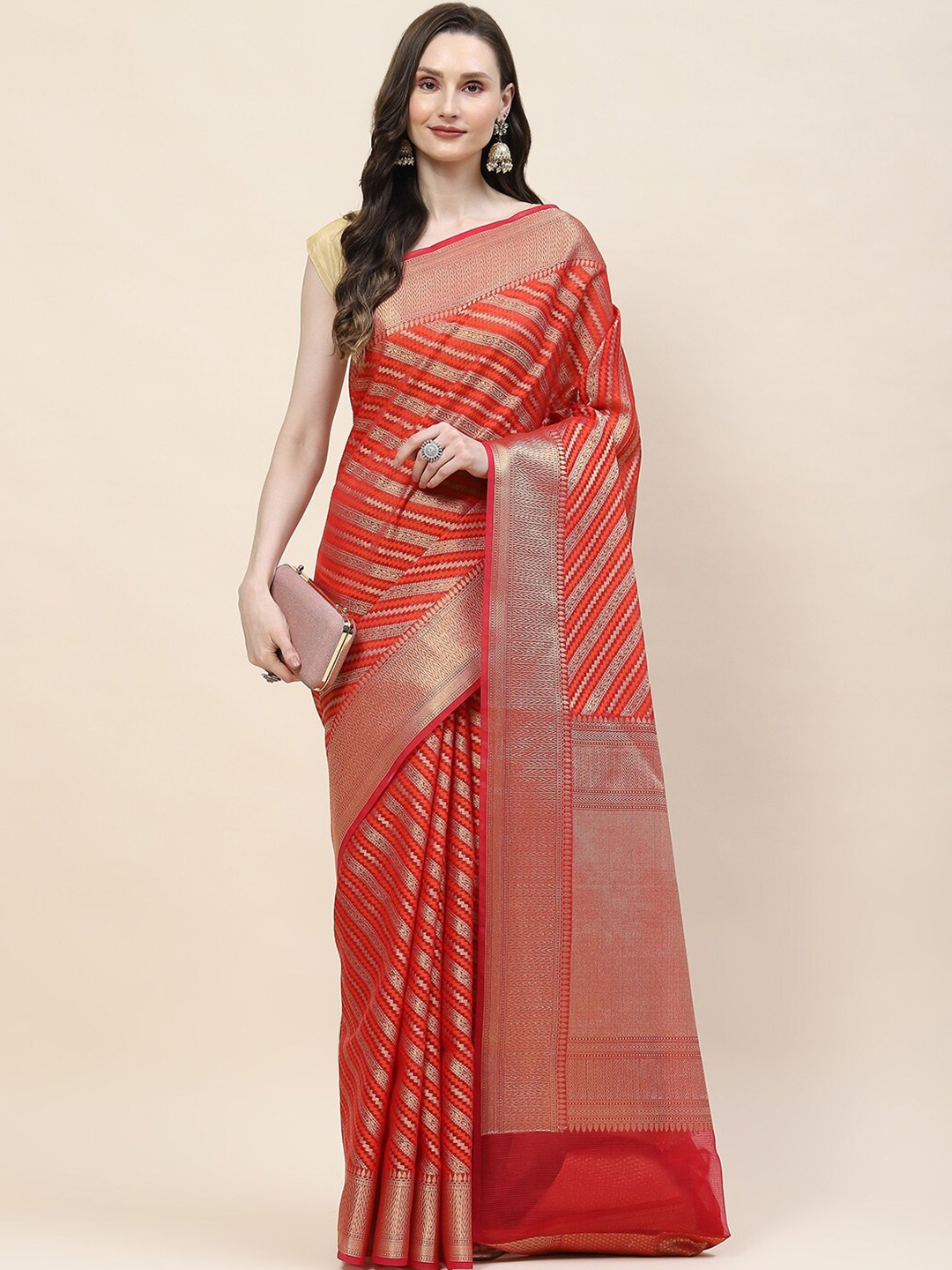 

Meena Bazaar Ethnic Motifs Woven Design Zari Saree, Red