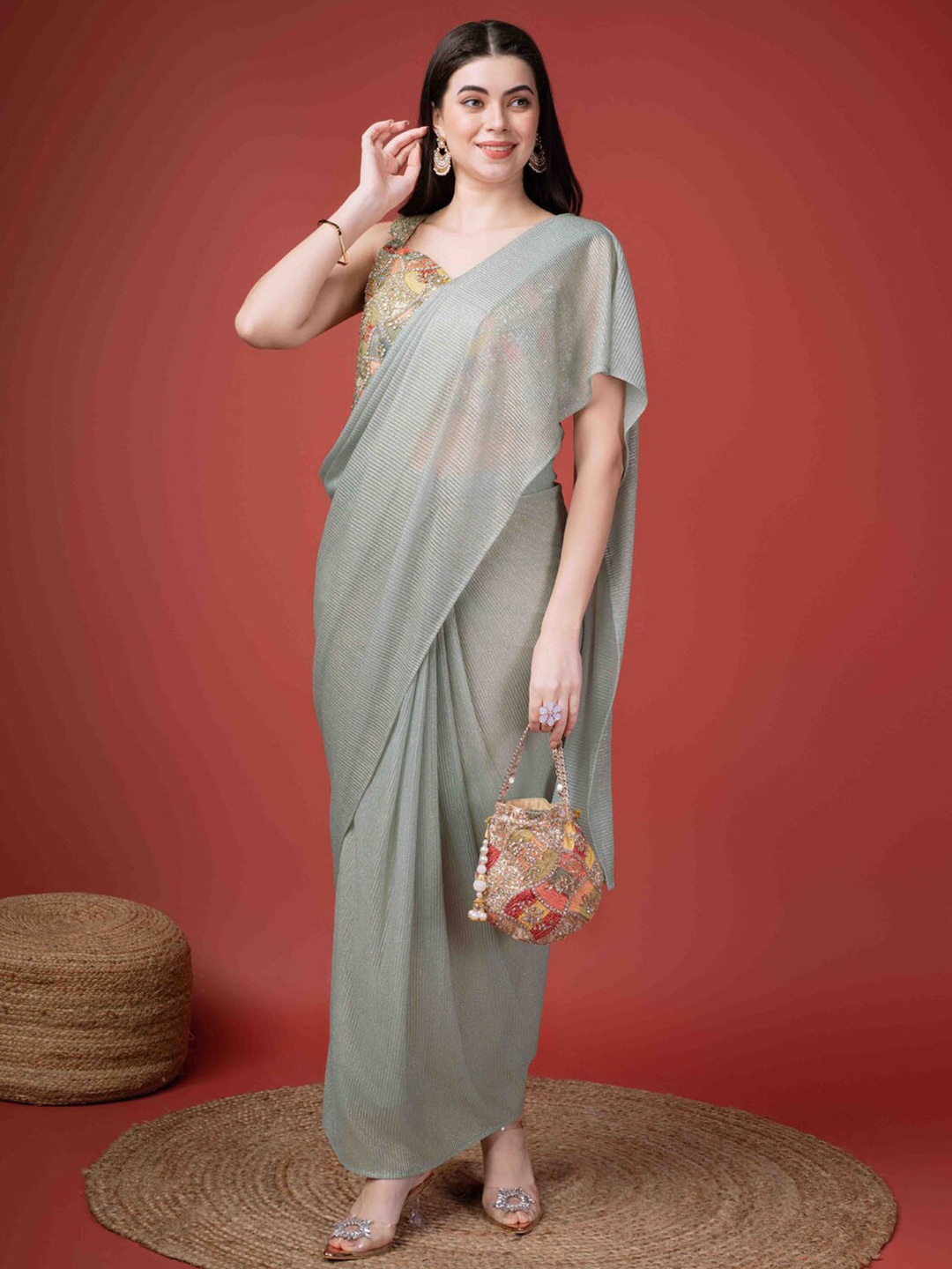 

Meena Bazaar Striped Ready to Wear Saree, Grey