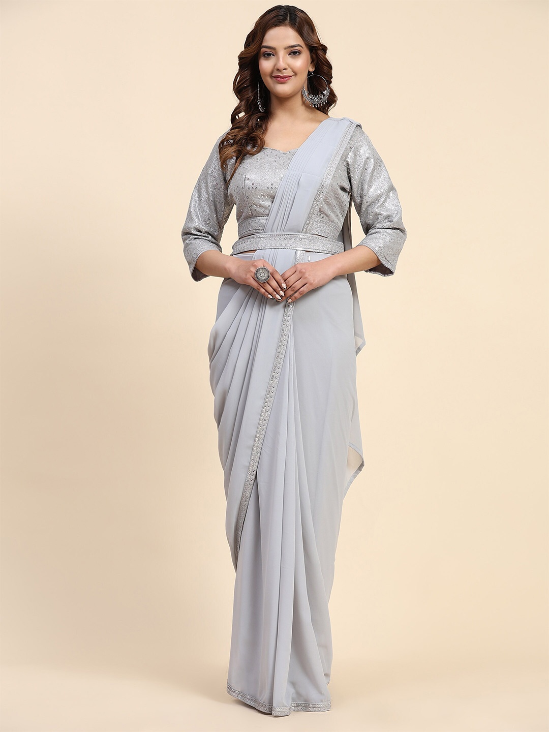 

Meena Bazaar Sequinned Ready to Wear Belted Saree, Grey