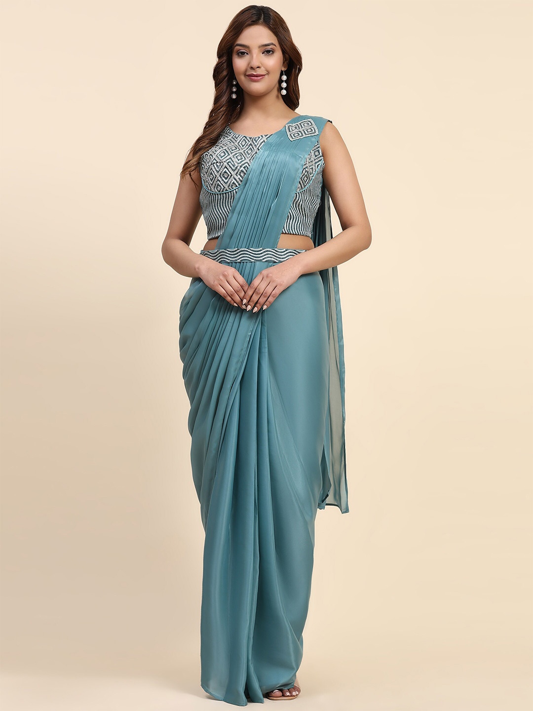 

Meena Bazaar Organza Ethnic Saree, Sea green