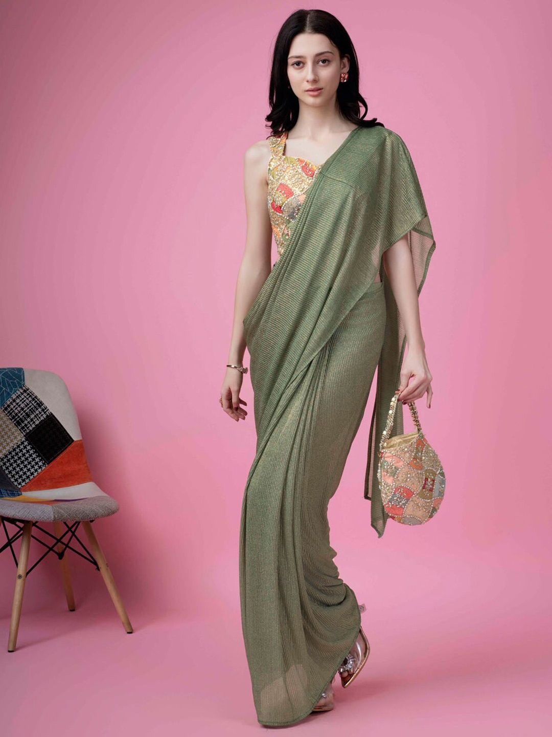 

Meena Bazaar Ready to Wear Saree, Green