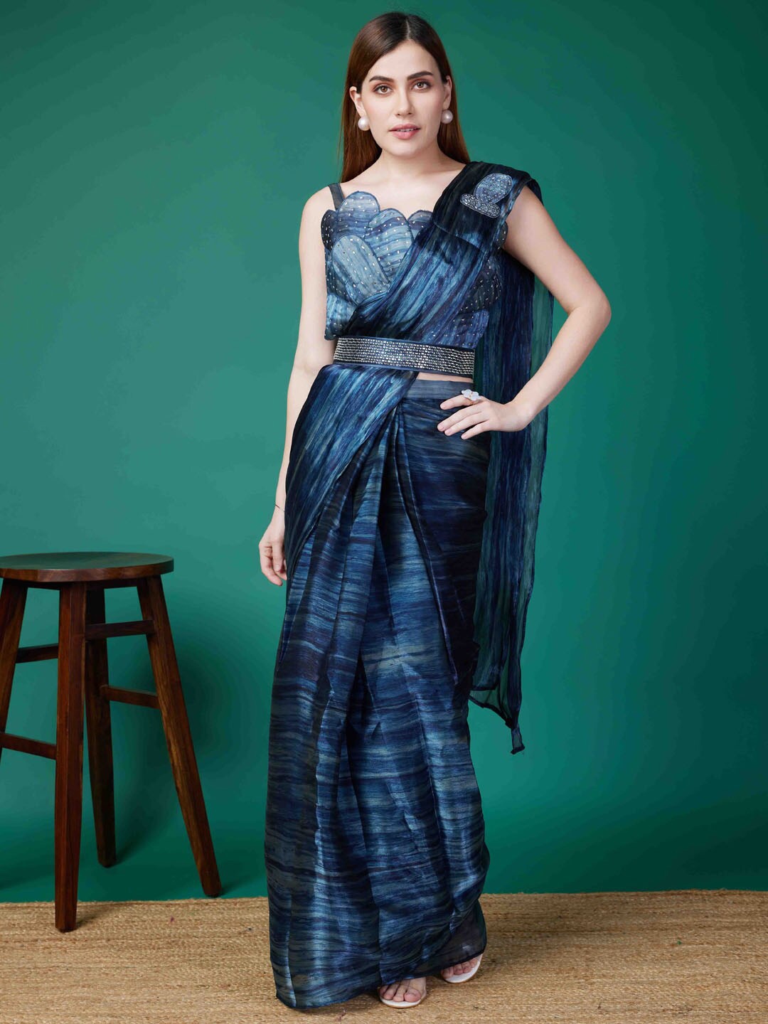 

Meena Bazaar Striped Art Silk Belted Ready Made Saree, Blue