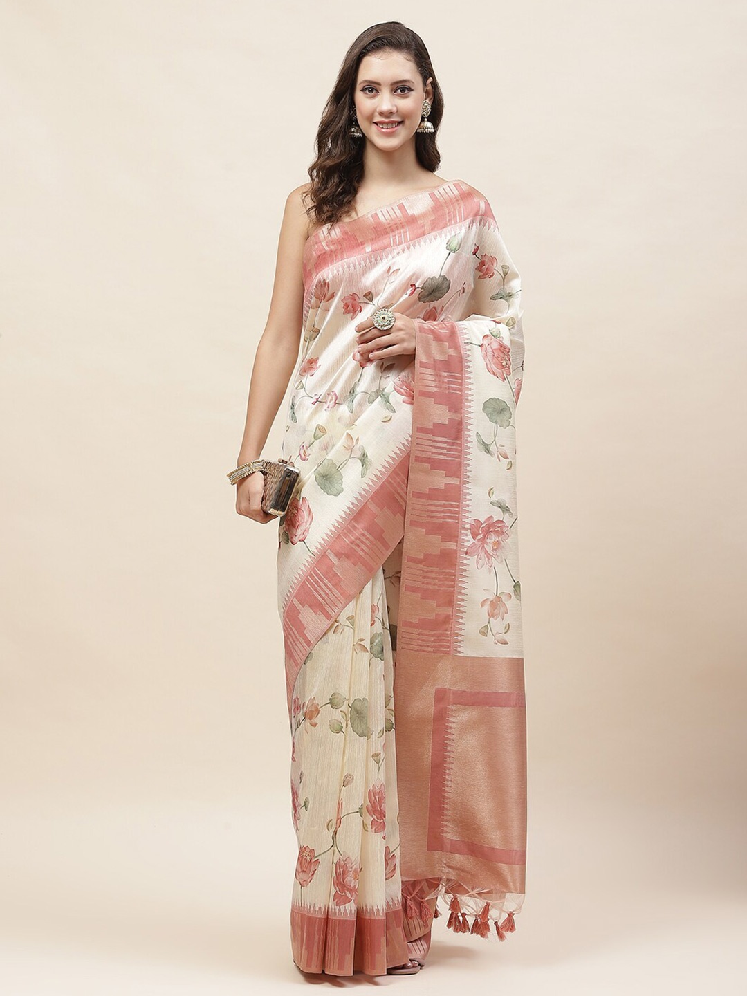 

Meena Bazaar Floral Printed Saree, Cream