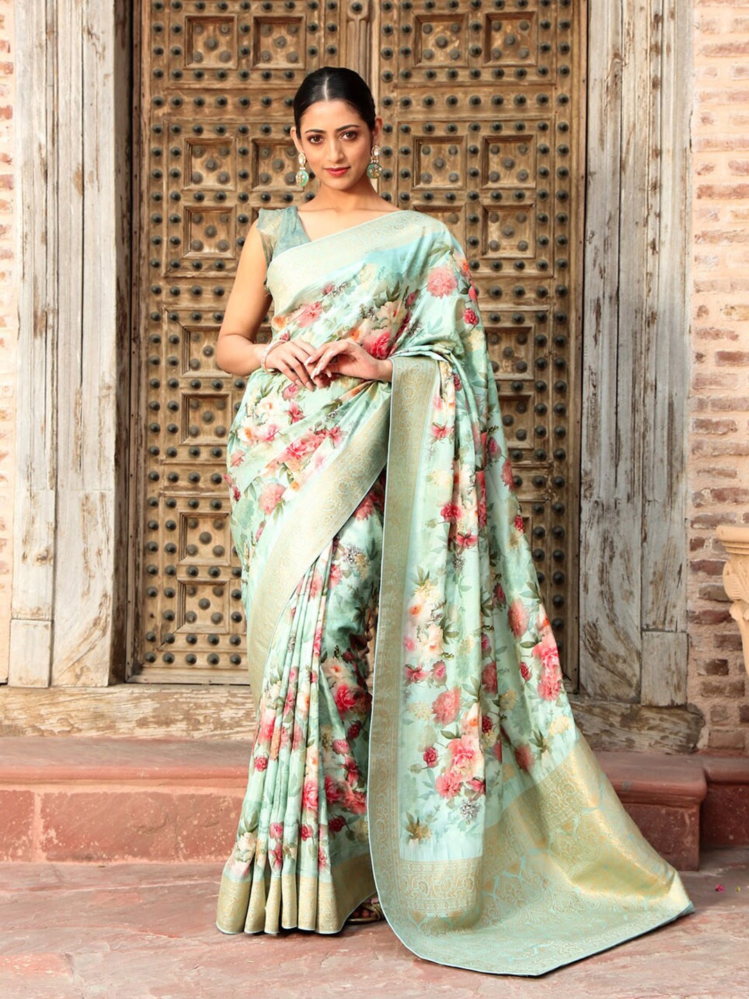 

Meena Bazaar Floral Printed Woven Design Zari Art Silk Saree, Sea green