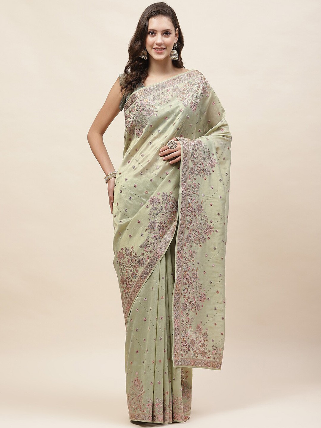 

Meena Bazaar Floral Embroidered Tissue Saree, Green