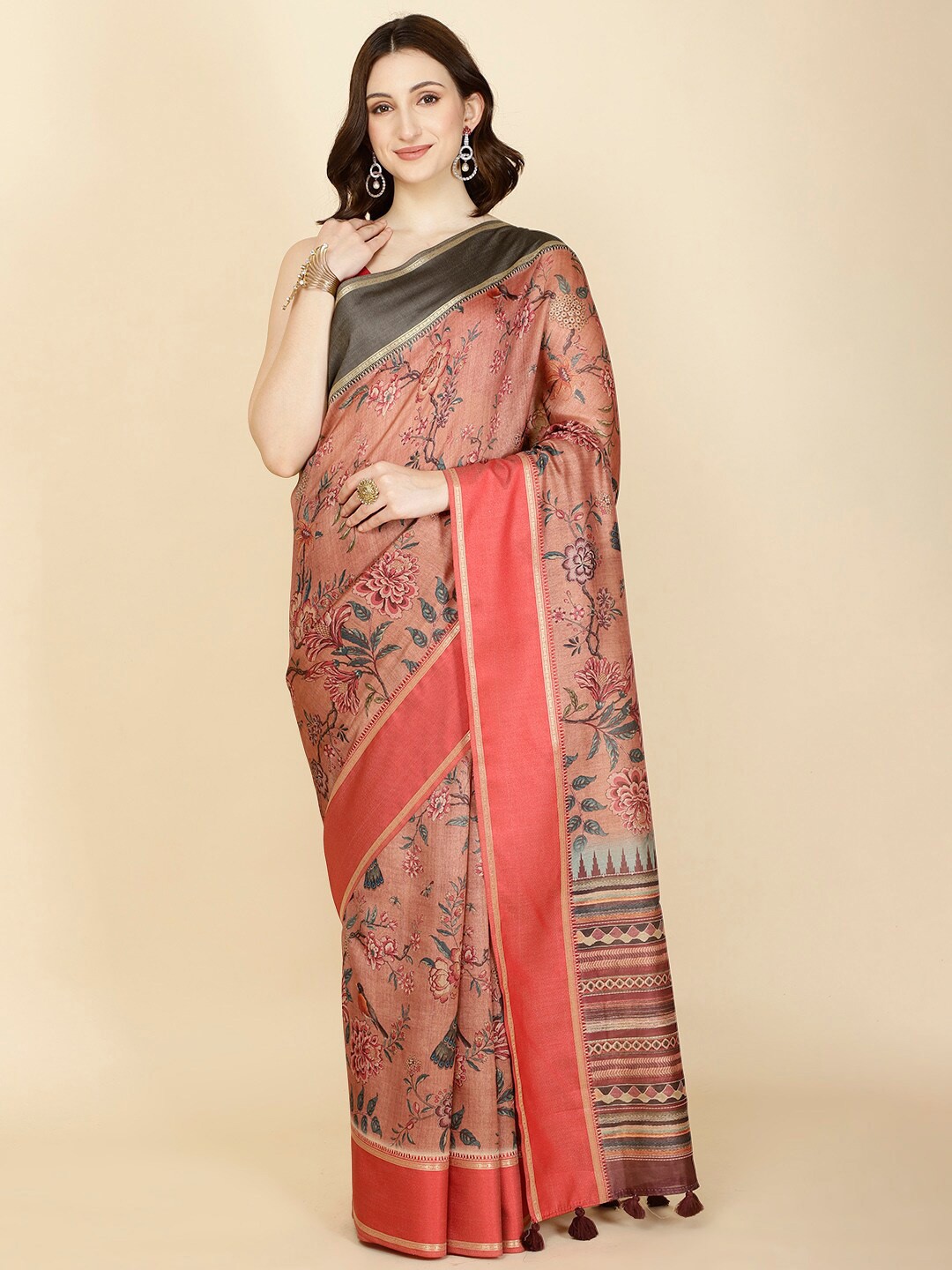 

Meena Bazaar Floral Printed Saree, Peach