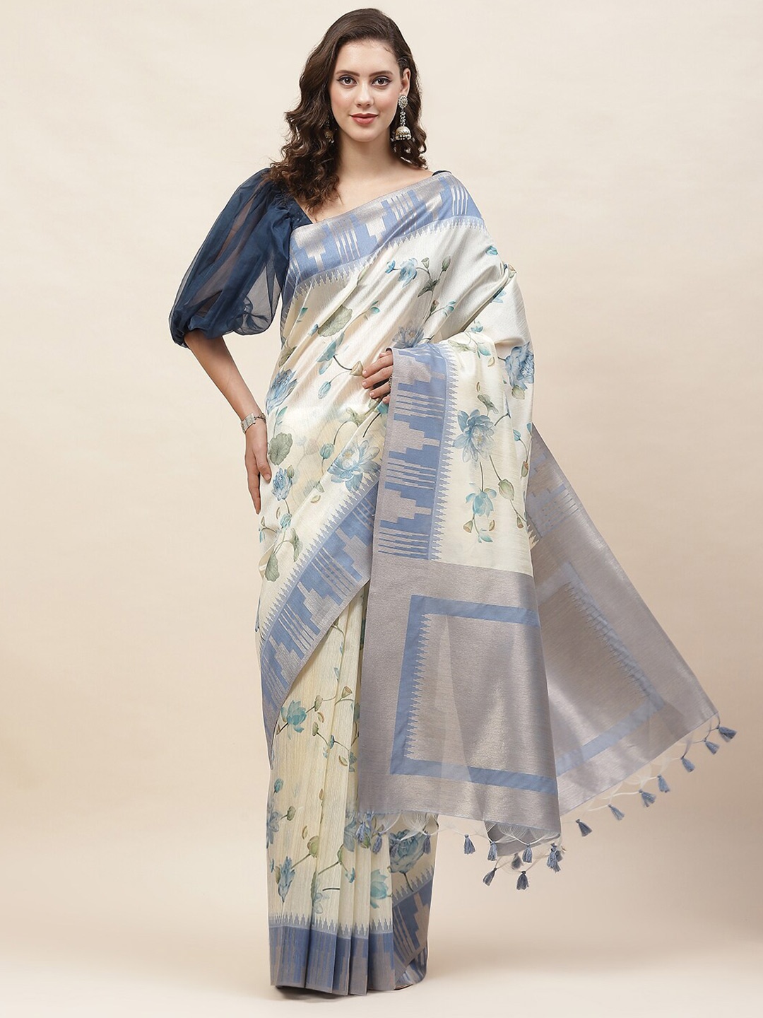 

Meena Bazaar Floral Printed Zari Saree, Cream