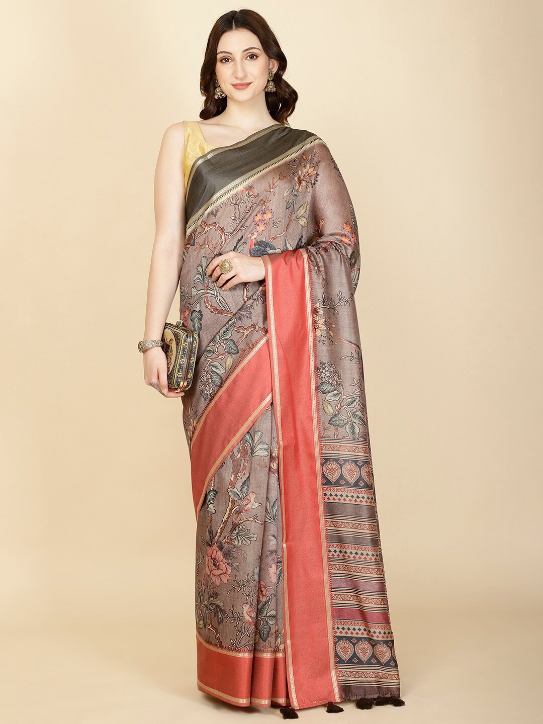 

Meena Bazaar Floral Printed Saree, Brown