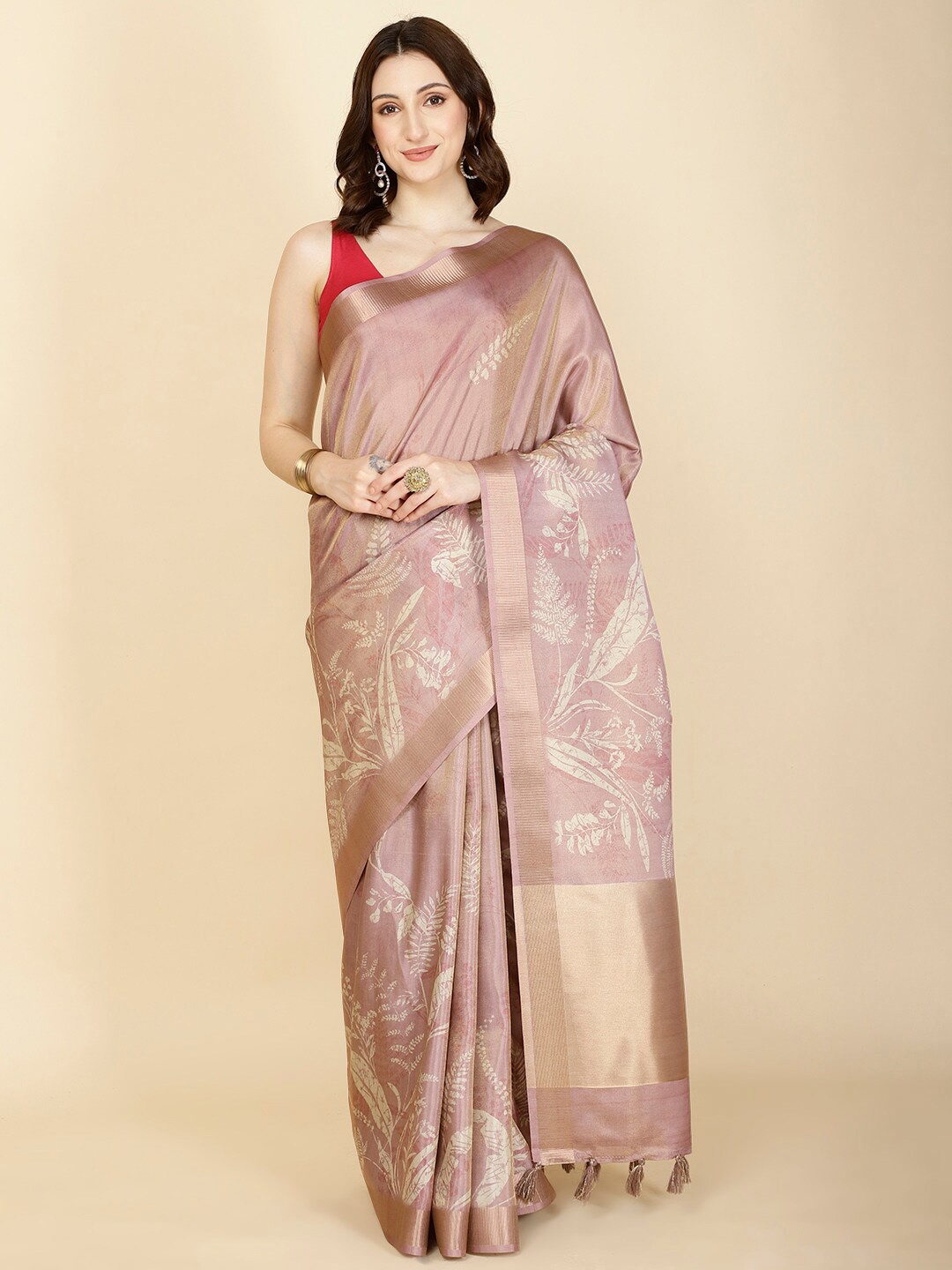 

Meena Bazaar Floral Printed Zari Saree, Mauve