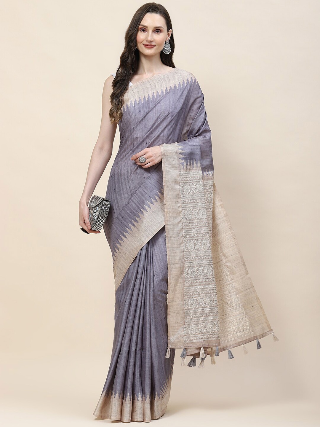 

Meena Bazaar Art Silk Tussar Saree, Grey