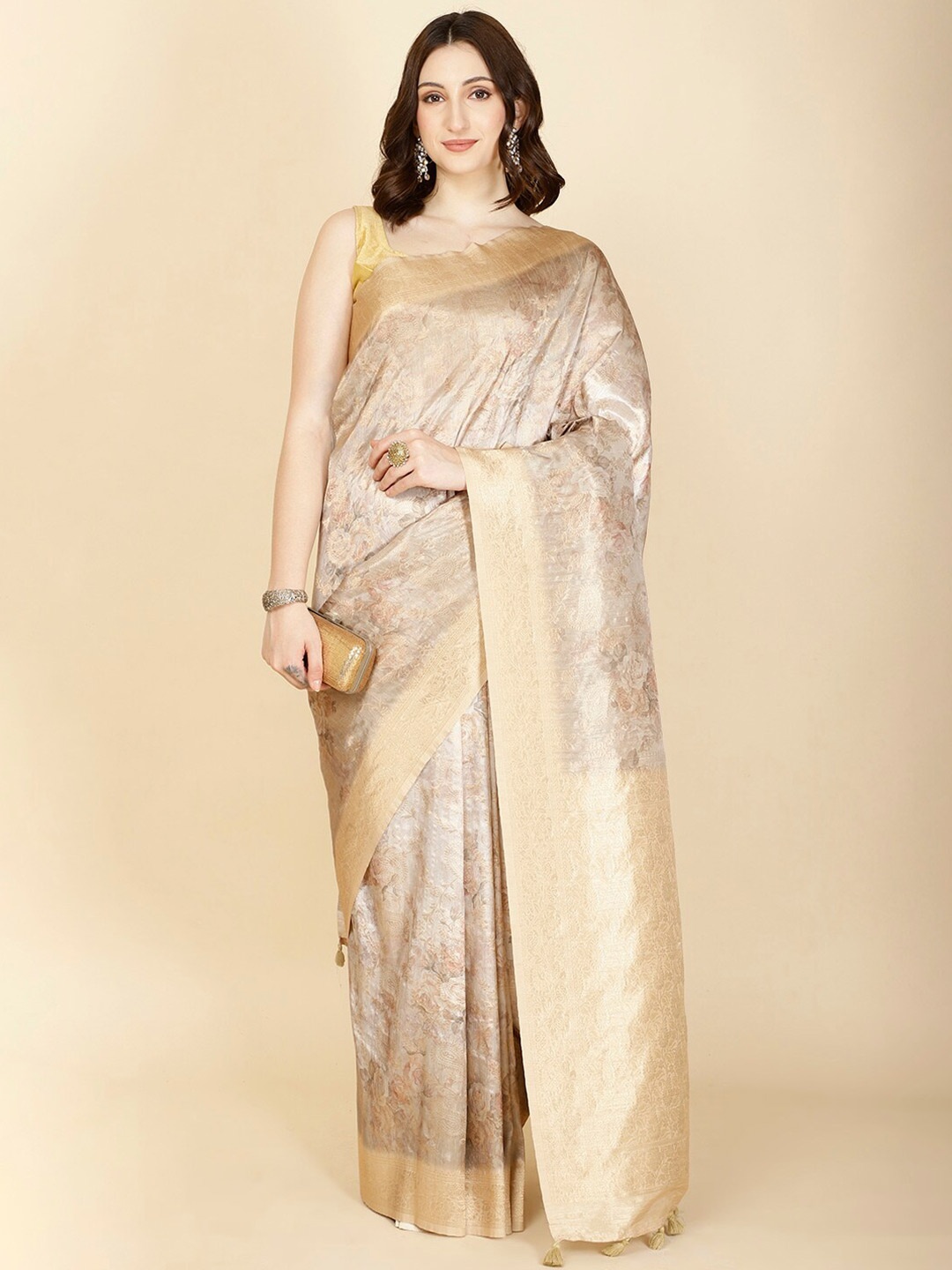

Meena Bazaar Floral Printed Ethnic Motifs Zari Art Silk Saree, Beige