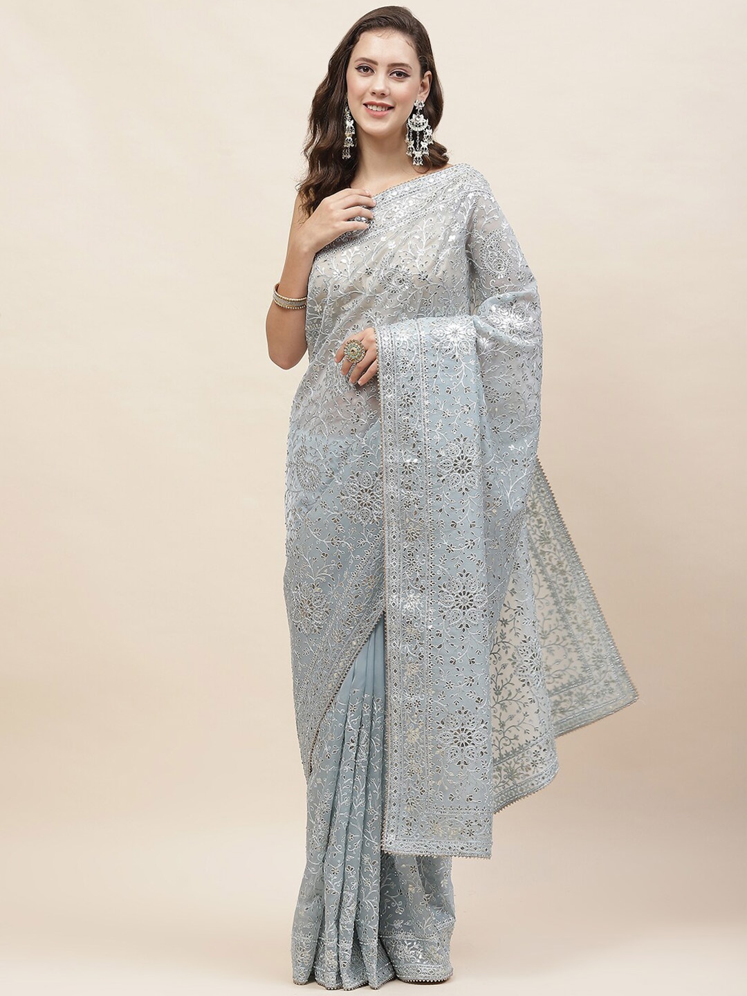 

Meena Bazaar Floral Organza Saree, Blue