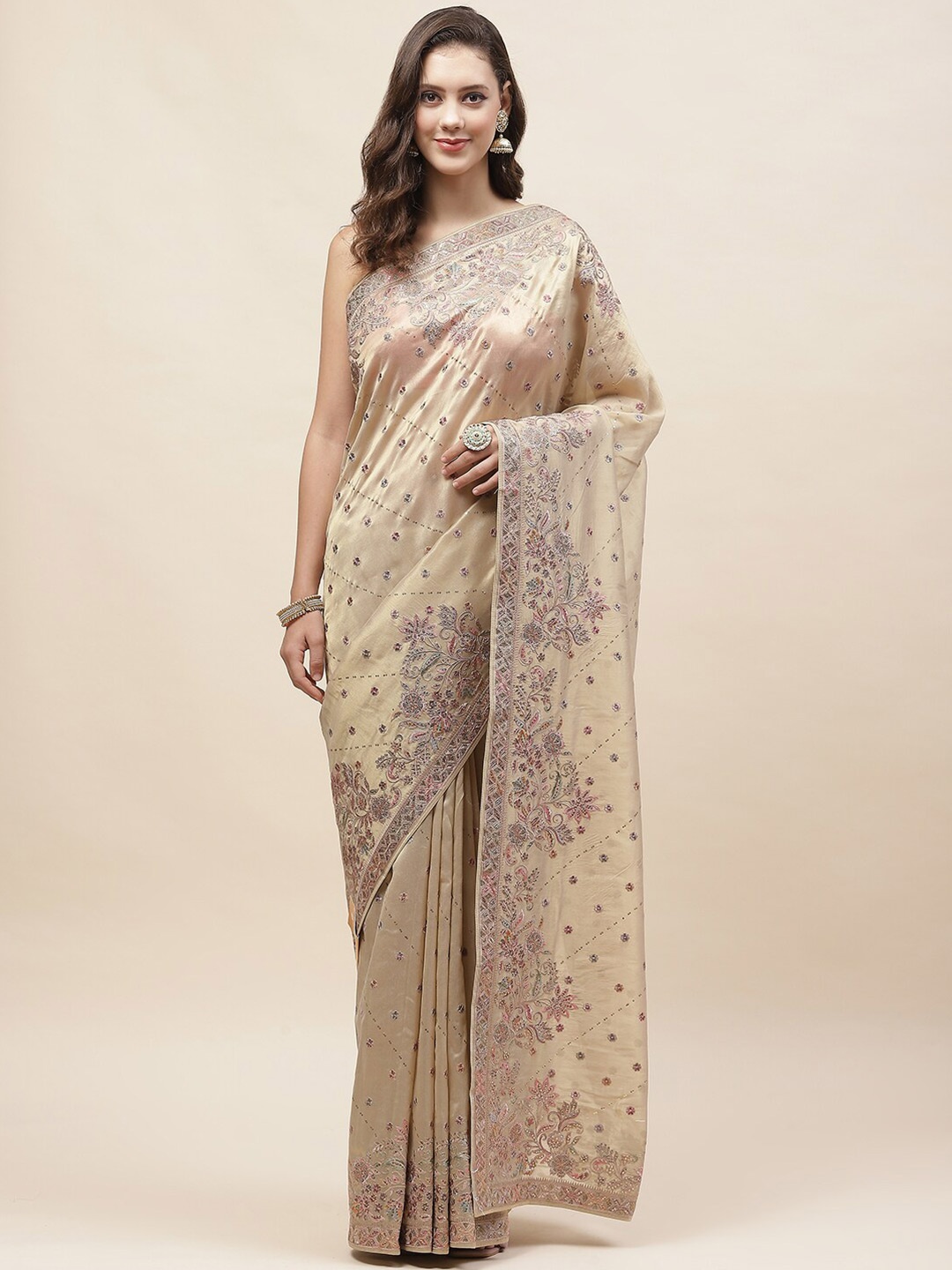 

Meena Bazaar Floral Embroidered Embellished Tissue Saree, Beige