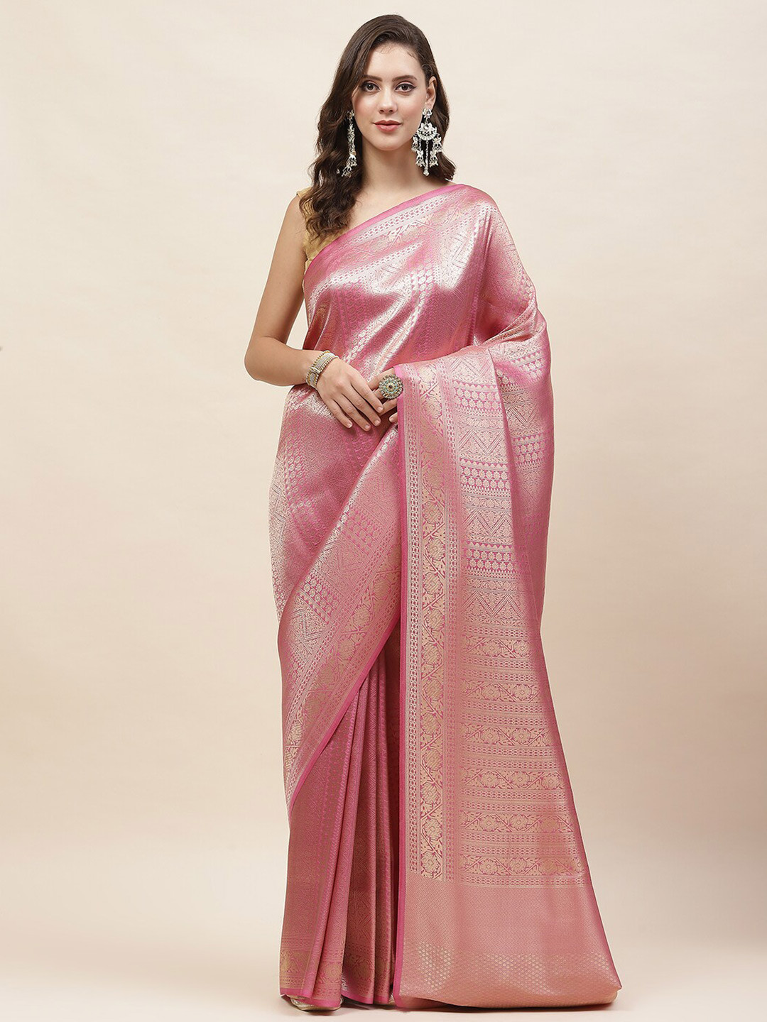 

Meena Bazaar Ethnic Motifs Zari Art Silk Banarasi Saree, Pink