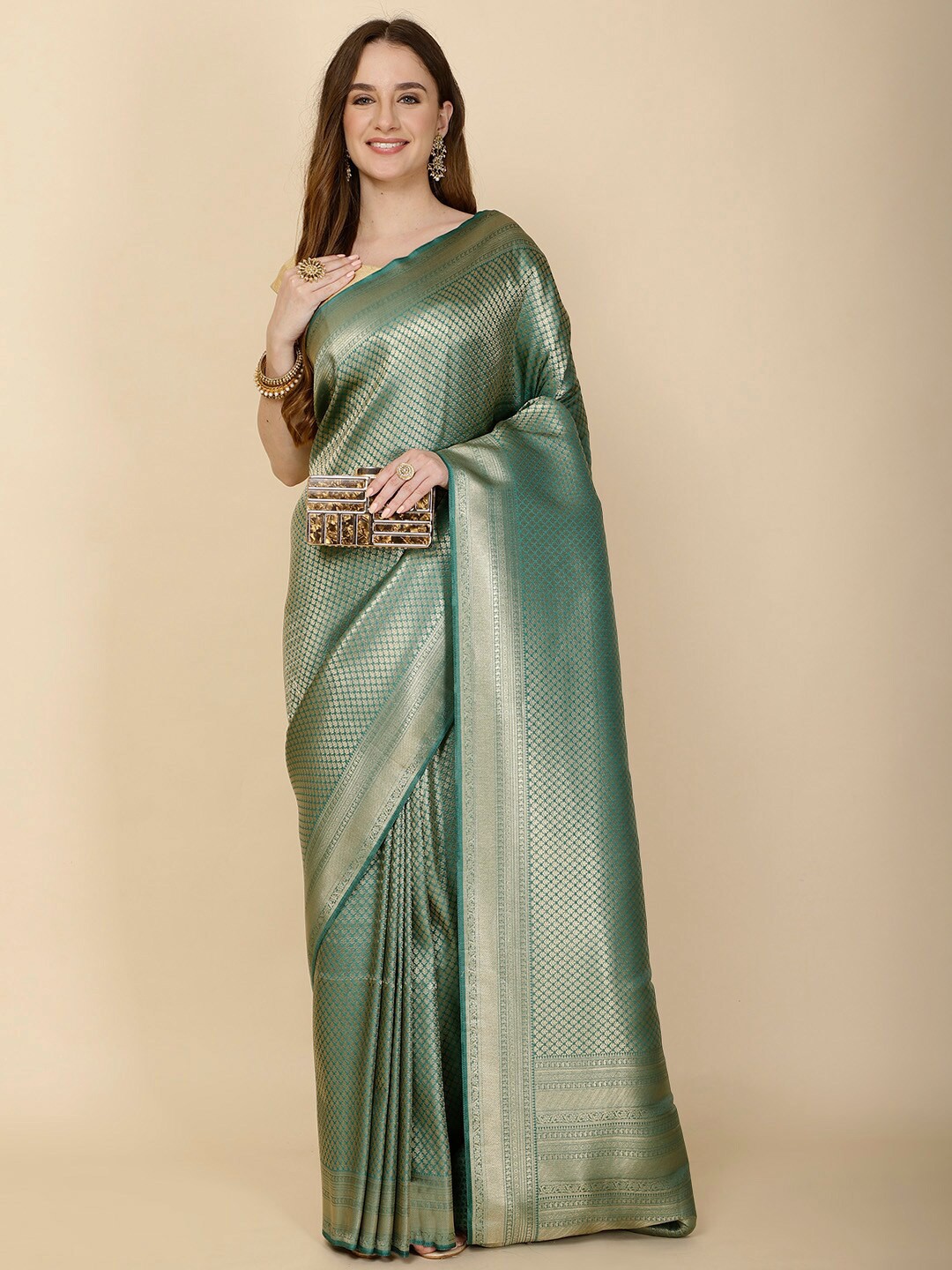 

Meena Bazaar Ethnic Motifs Woven Design Zari Art Silk Banarasi Saree, Green