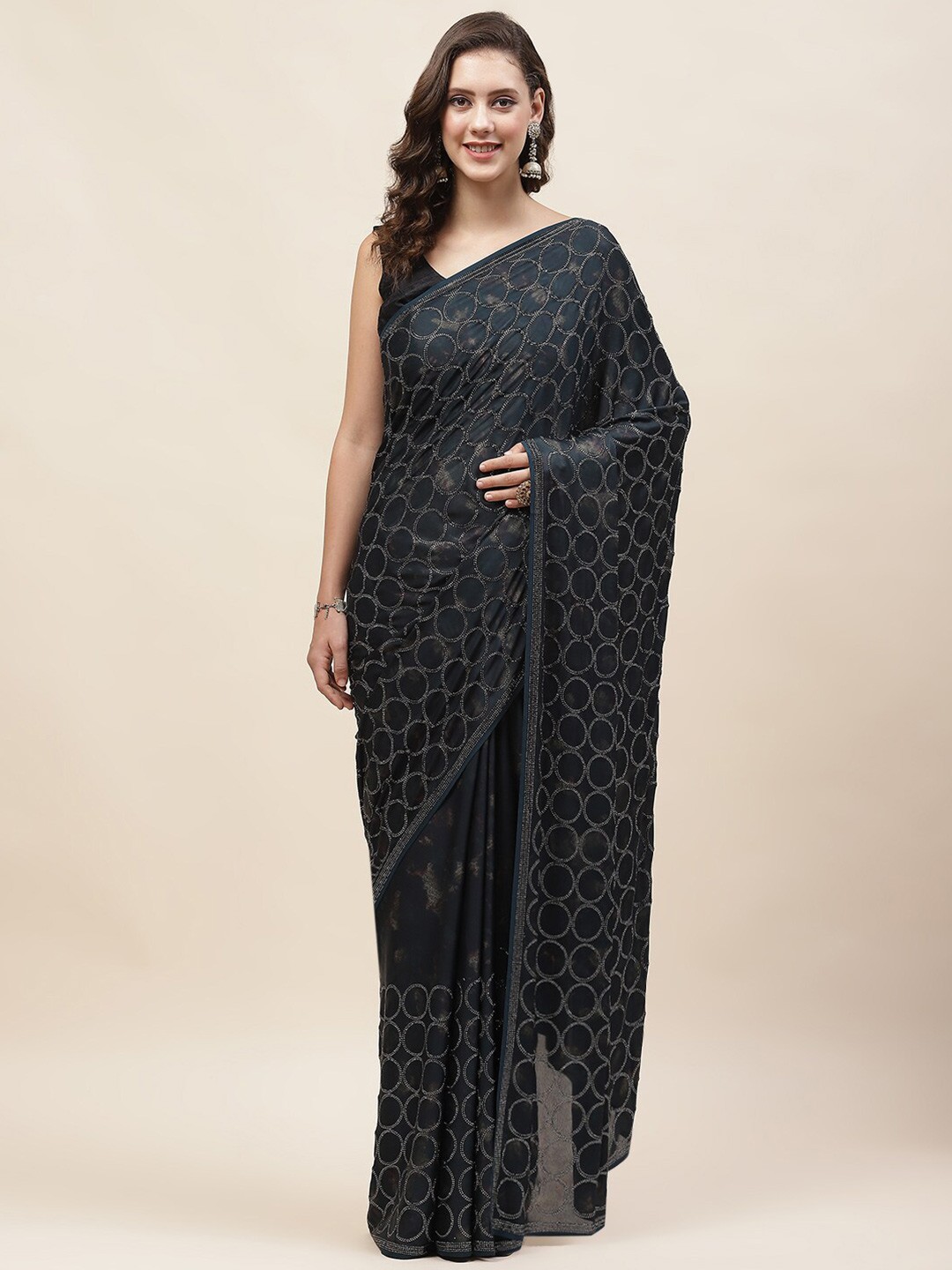

Meena Bazaar Geometric Embellished Satin Saree, Blue