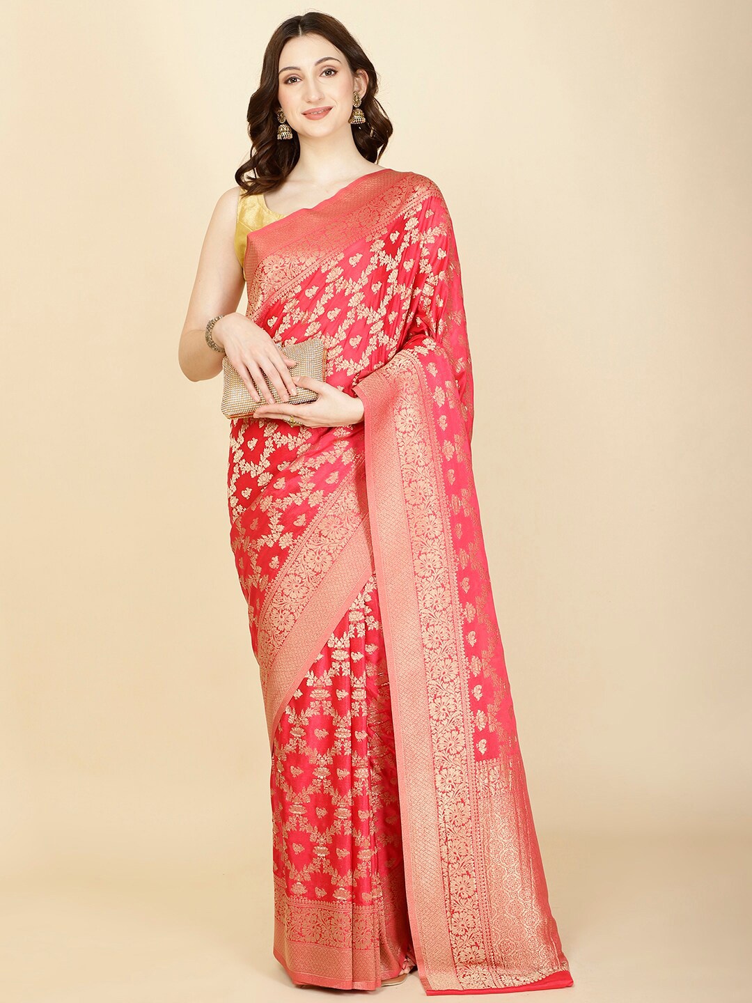 

Meena Bazaar Ethnic Motifs Woven Design Zari Saree, Peach