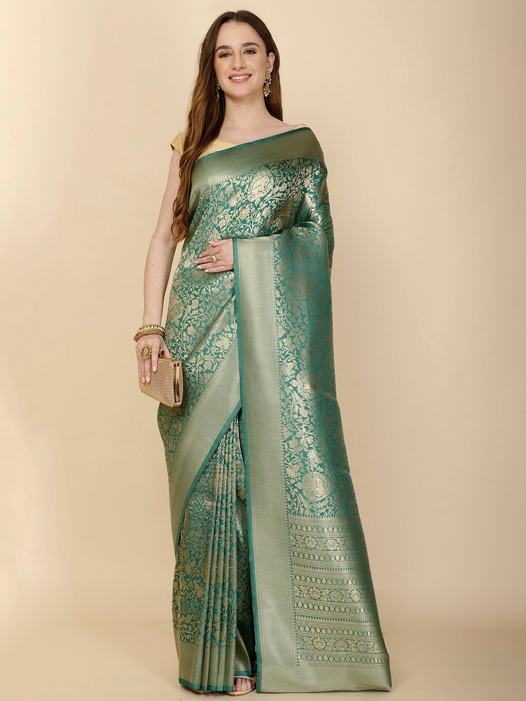 

Meena Bazaar Ethnic Motifs Woven Design Zari Banarasi Saree, Green