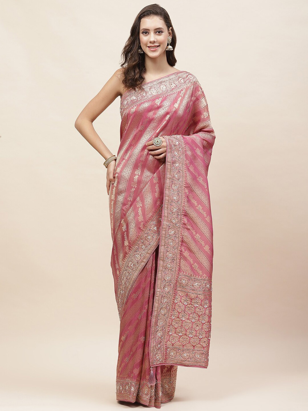 

Meena Bazaar Ethnic Motifs Woven Design Zari Tissue Banarasi Saree, Pink