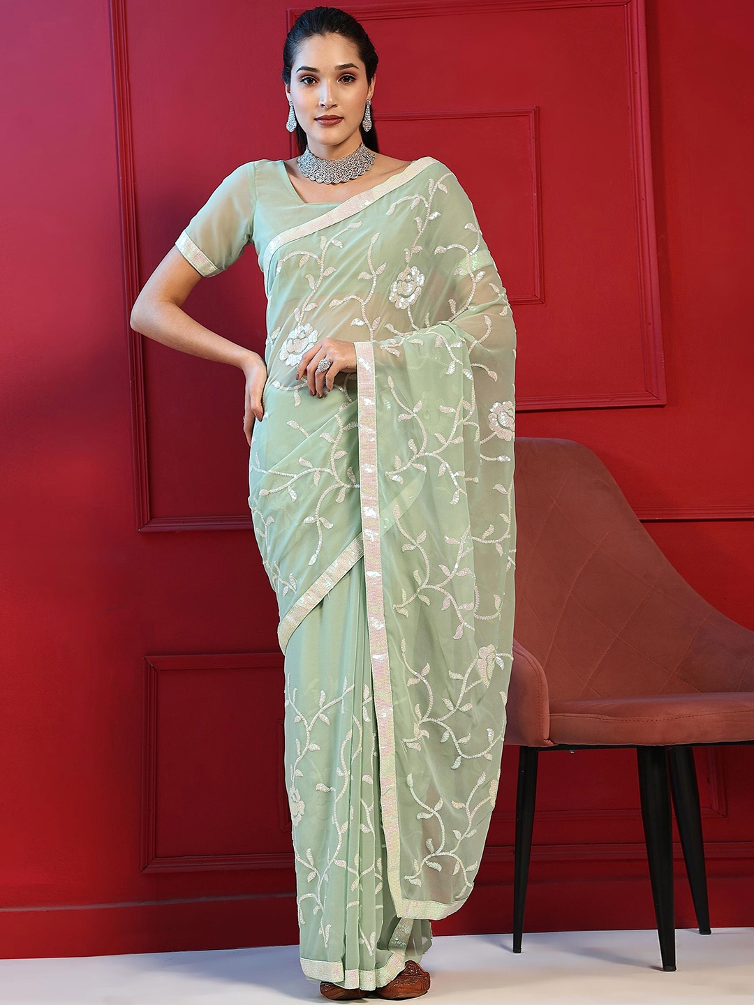 

Meena Bazaar Floral Printed Embroidered Saree, Green