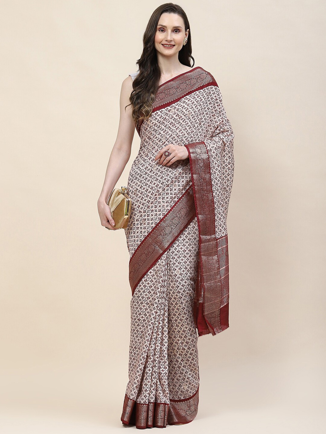 

Meena Bazaar Floral Printed Woven Design Zari Art Silk Saree, Cream