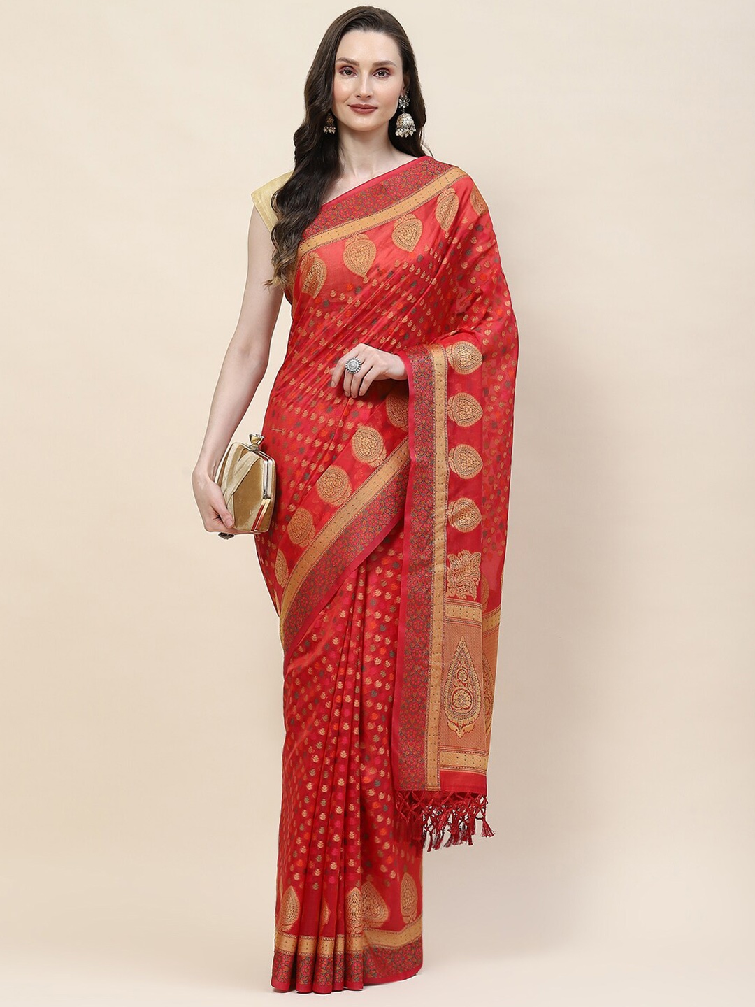 

Meena Bazaar Ethnic Motifs Woven Design Zari Saree, Pink