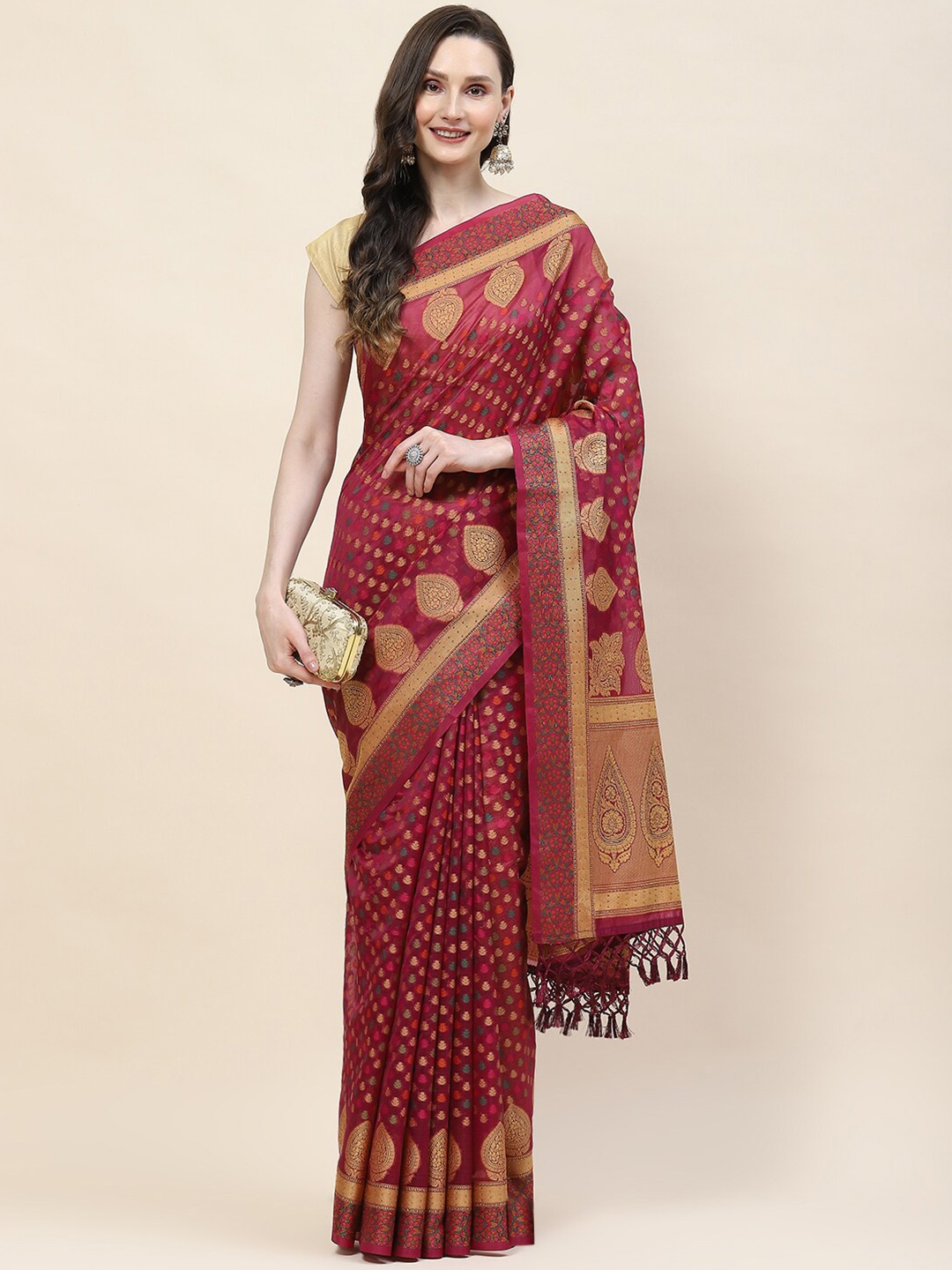 

Meena Bazaar Woven Design Zari Saree, Burgundy