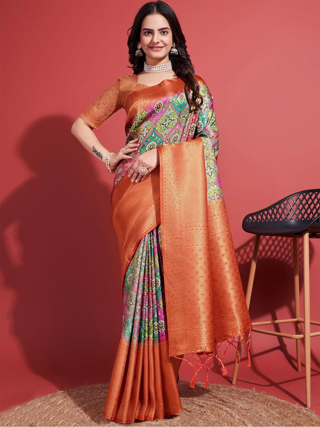 

Meena Bazaar Abstract Printed Art Silk Saree, Blue