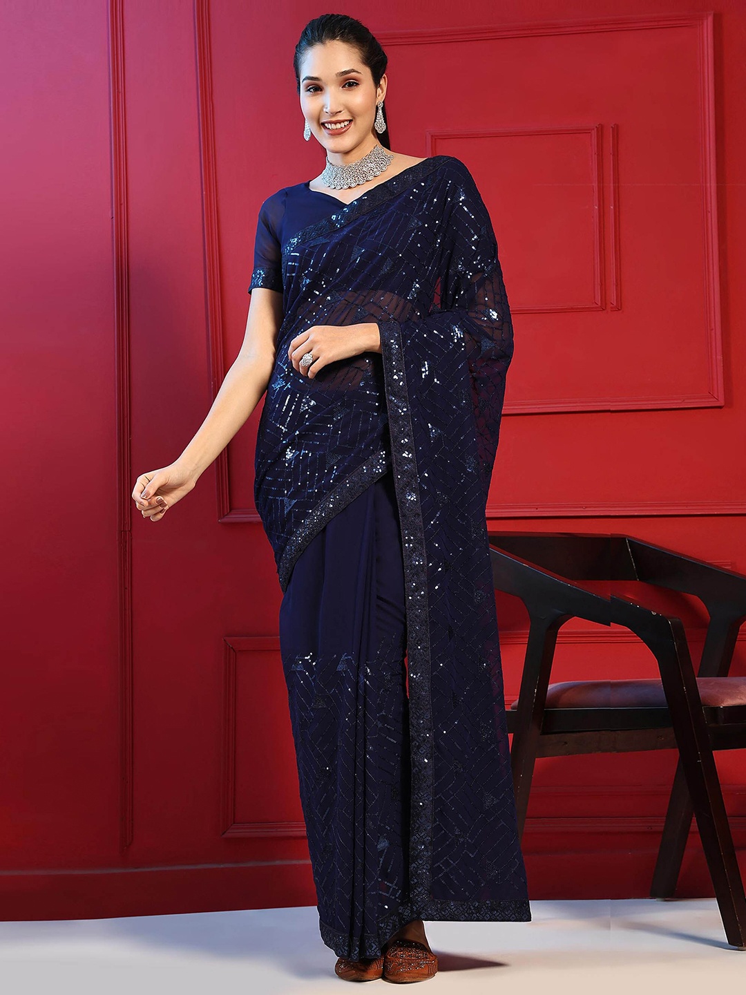 

Meena Bazaar Embellished Sequinned Saree, Navy blue