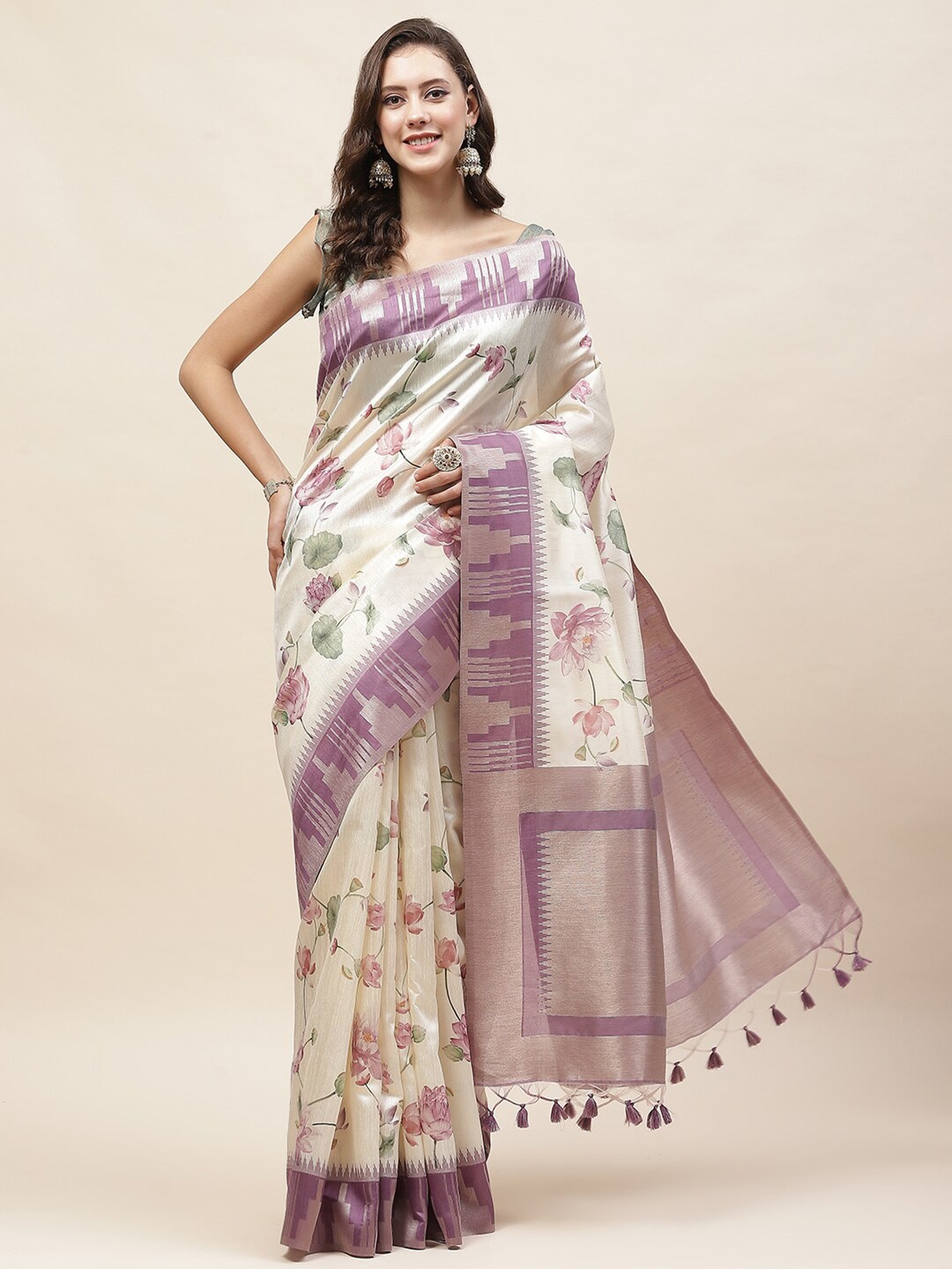 

Meena Bazaar Floral Printed Zari Saree, Cream