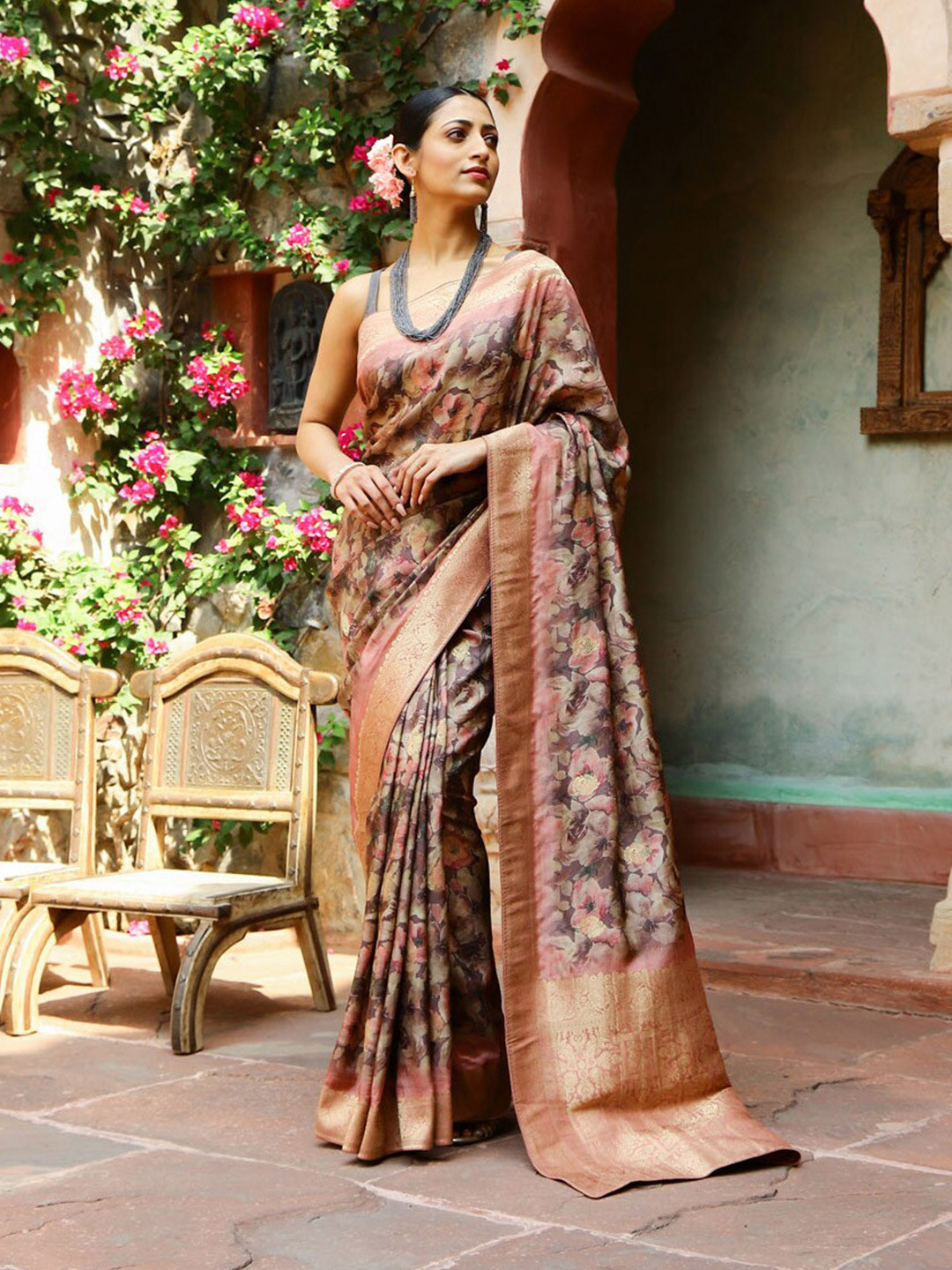 

Meena Bazaar Floral Printed Art Silk Saree, Grey