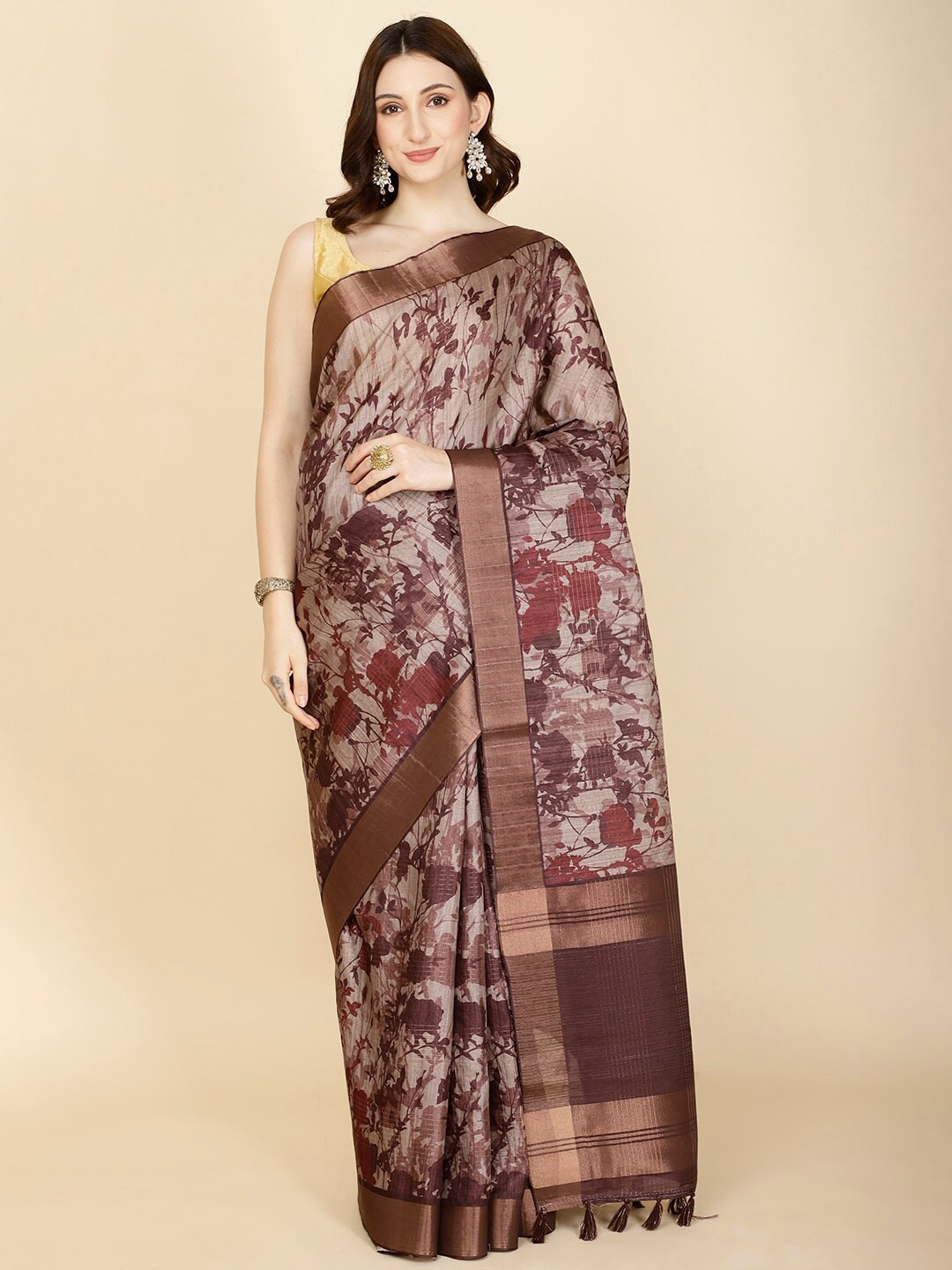 

Meena Bazaar Floral Printed Art Silk Saree, Burgundy