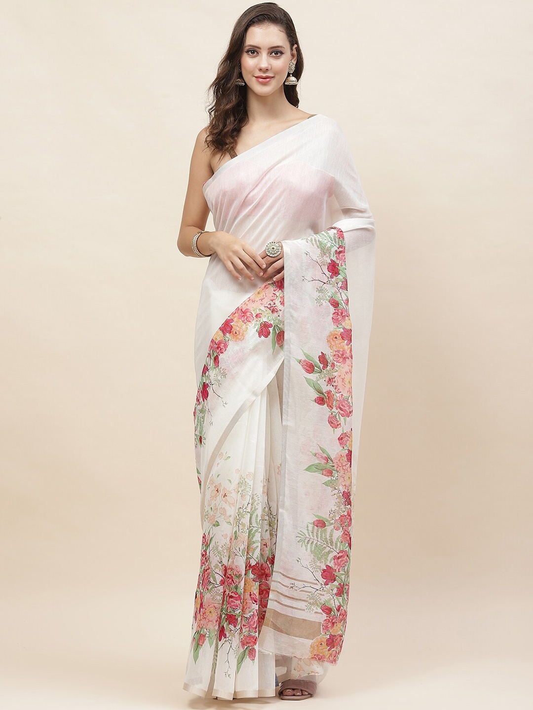 

Meena Bazaar Floral Printed Saree, Cream